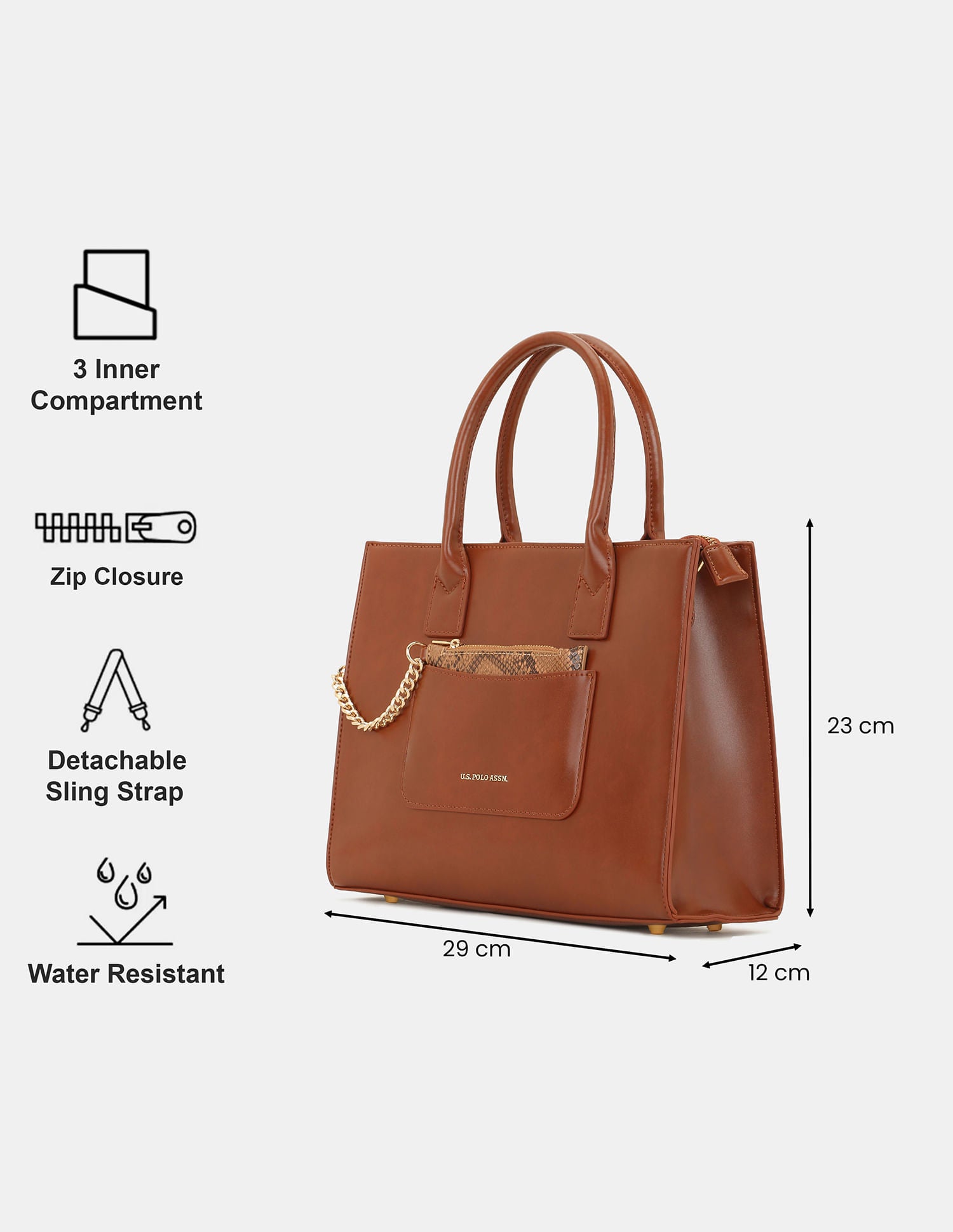 Women Bonnie Satchel Bag with Chain Card Holder Tan - U.S. POLO ASSN. | Large