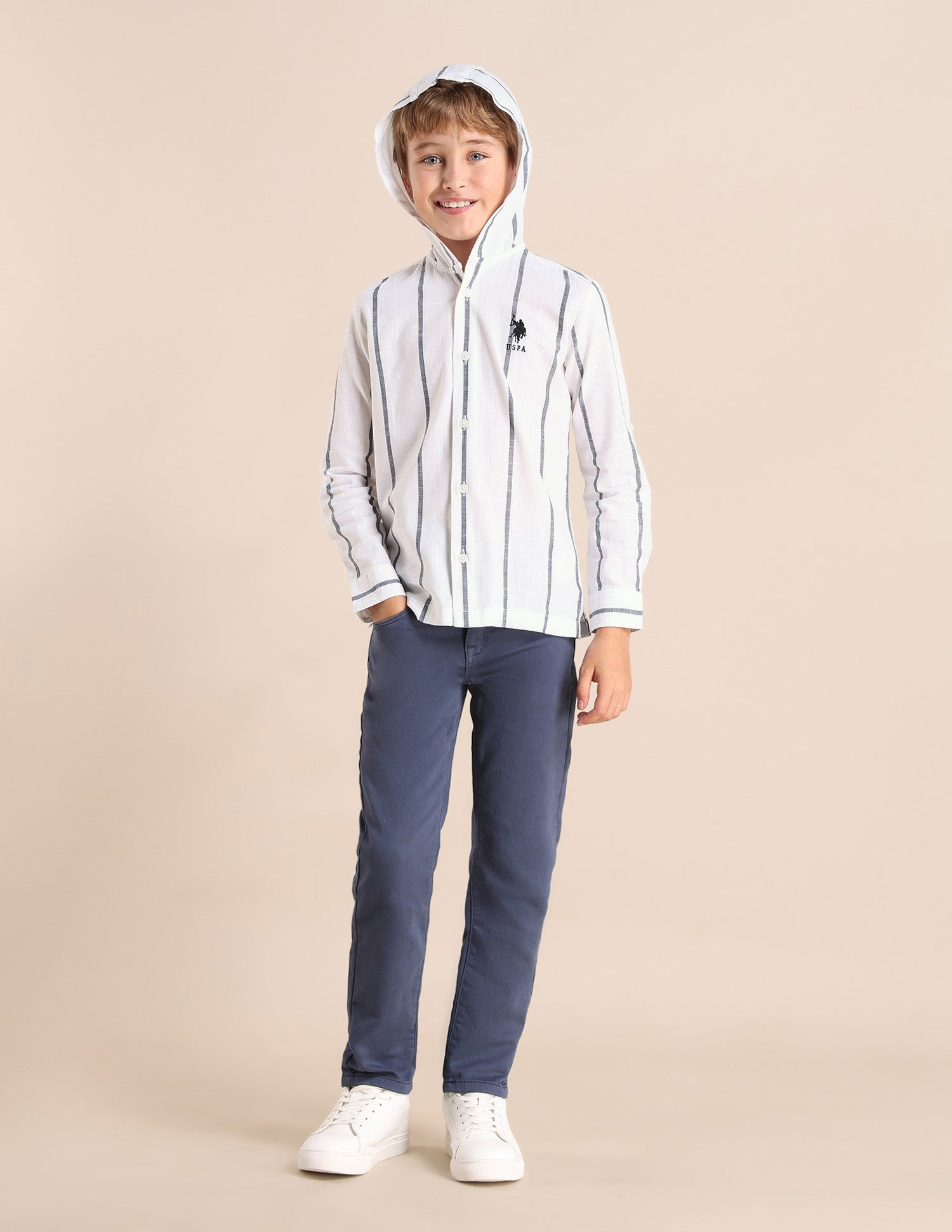 Boys Vertical Striped Boxy Fit Shirt White - U.S. POLO ASSN. | Large