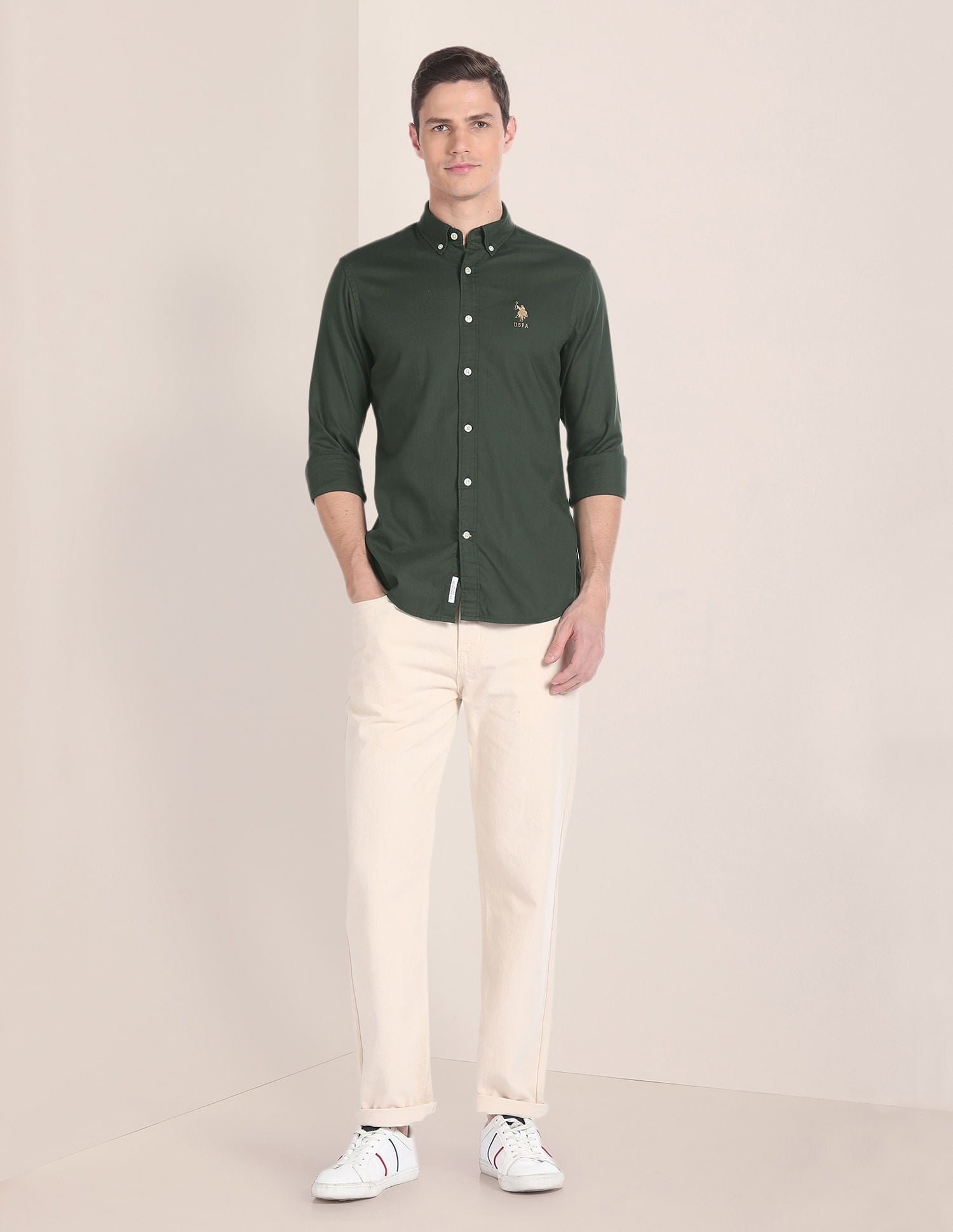 Premium Cotton Solid Shirt Olive - U.S. POLO ASSN. | Large