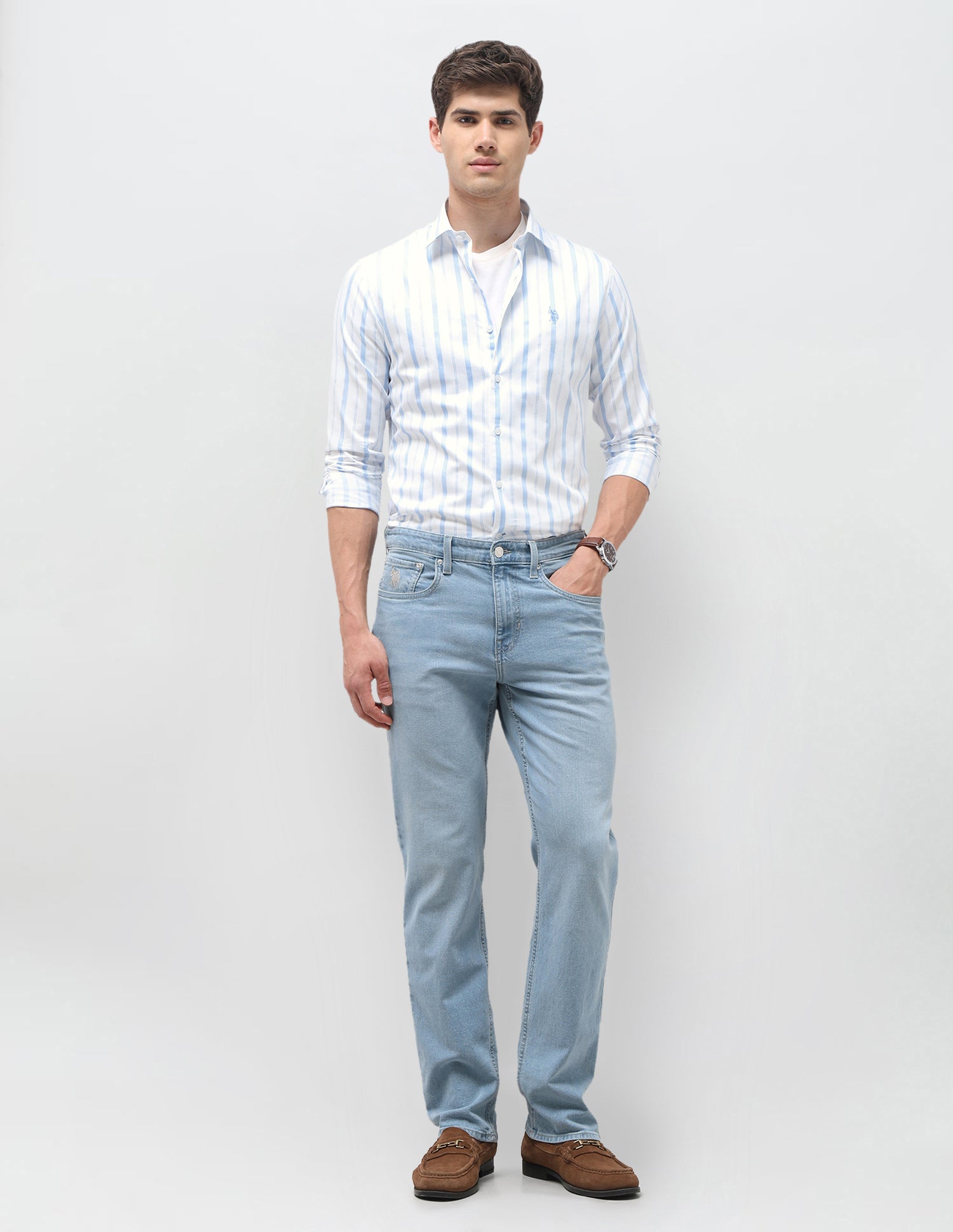 Tailored Fit Vertical Striped Shirt Light Blue - U.S. Polo Assn. India | Large