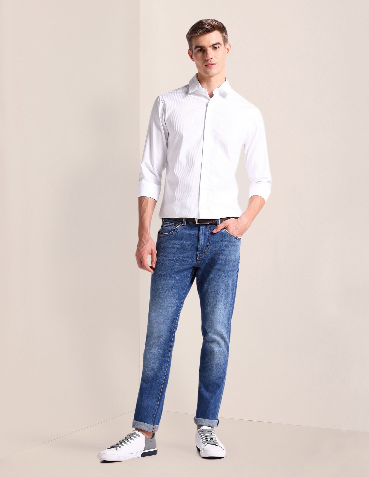 Semi Cutaway Collar Vertical Stripe Shirt White - U.S. Polo Assn. India | Large