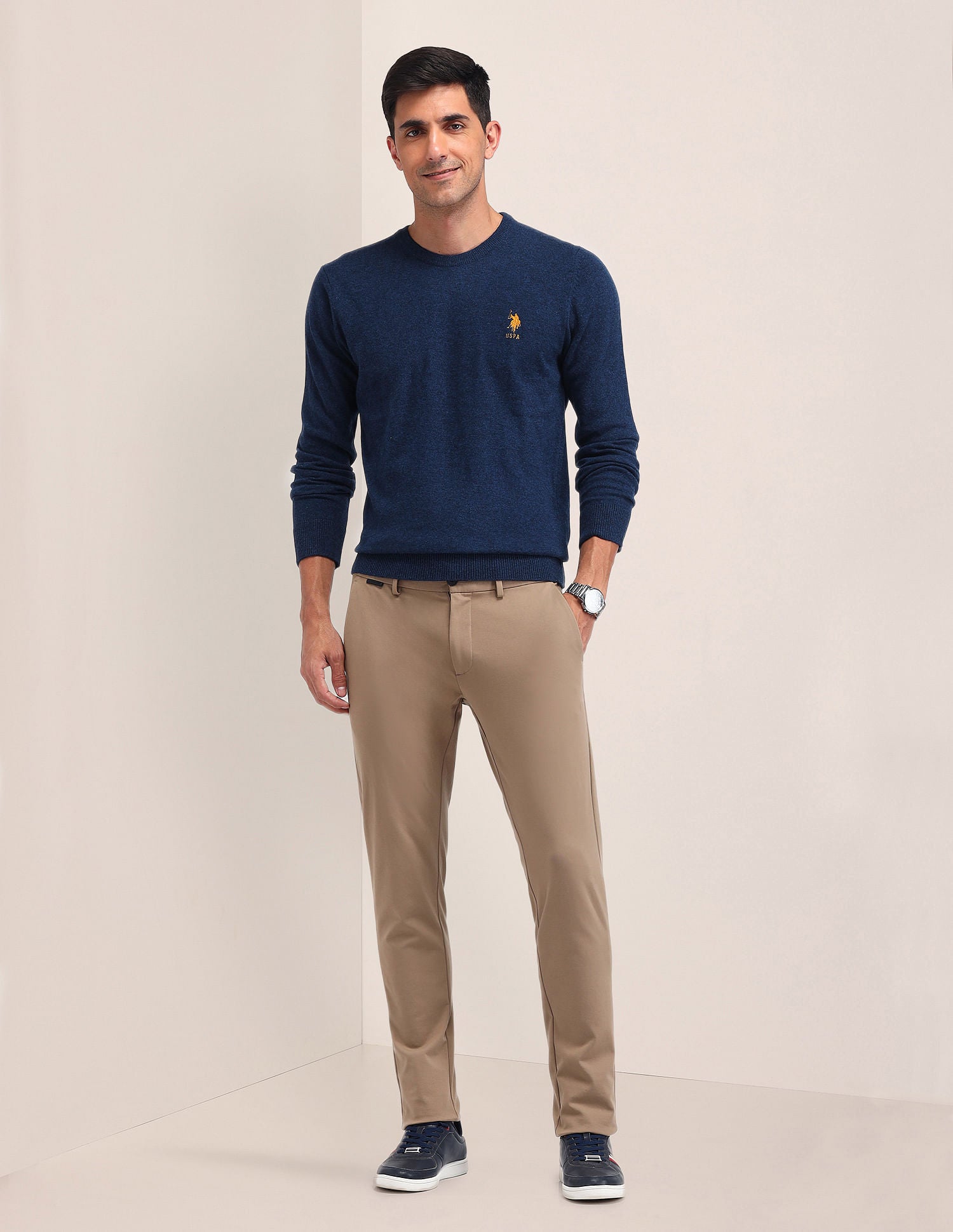 Regular Fit Solid Sweater Dark Blue - U.S. Polo Assn. India | Large