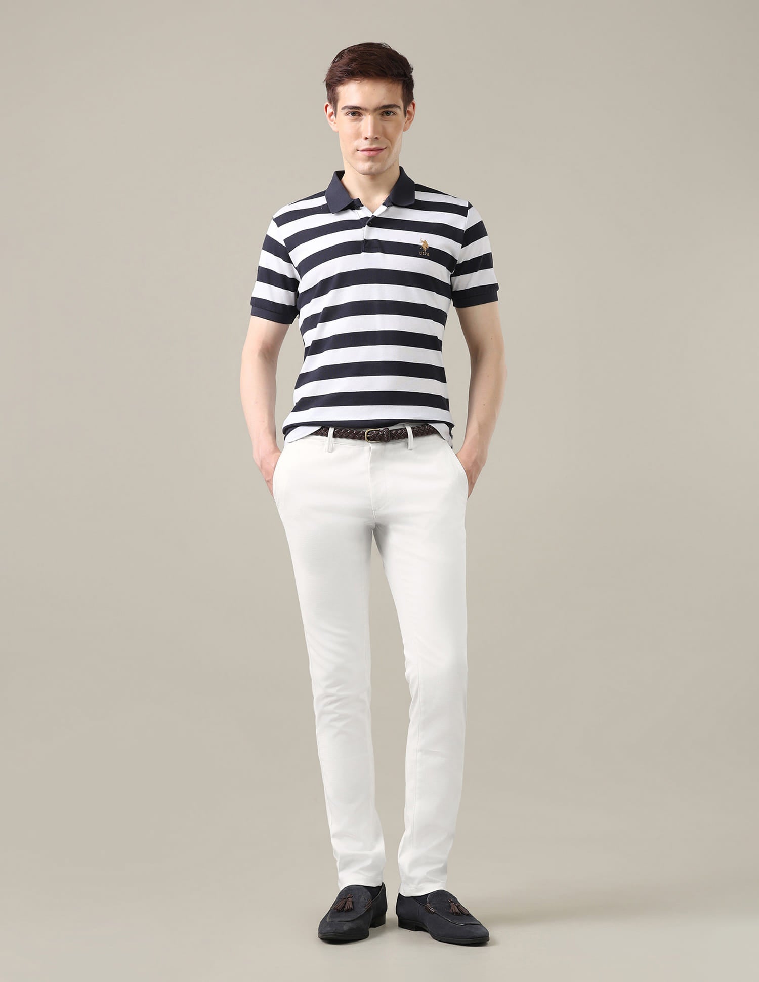 Dobby Weave Denver Slim Fit Trousers White - U.S. Polo Assn. India | Large