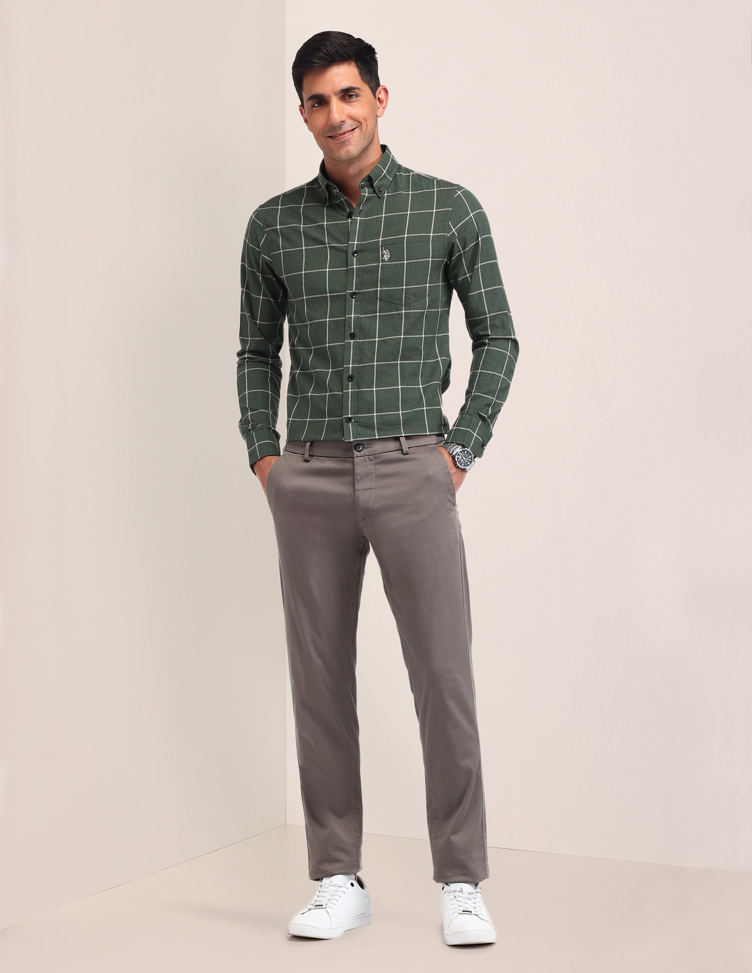 Windowpane Checked Tailored Fit Shirt Olive - U.S. Polo Assn. India | Large