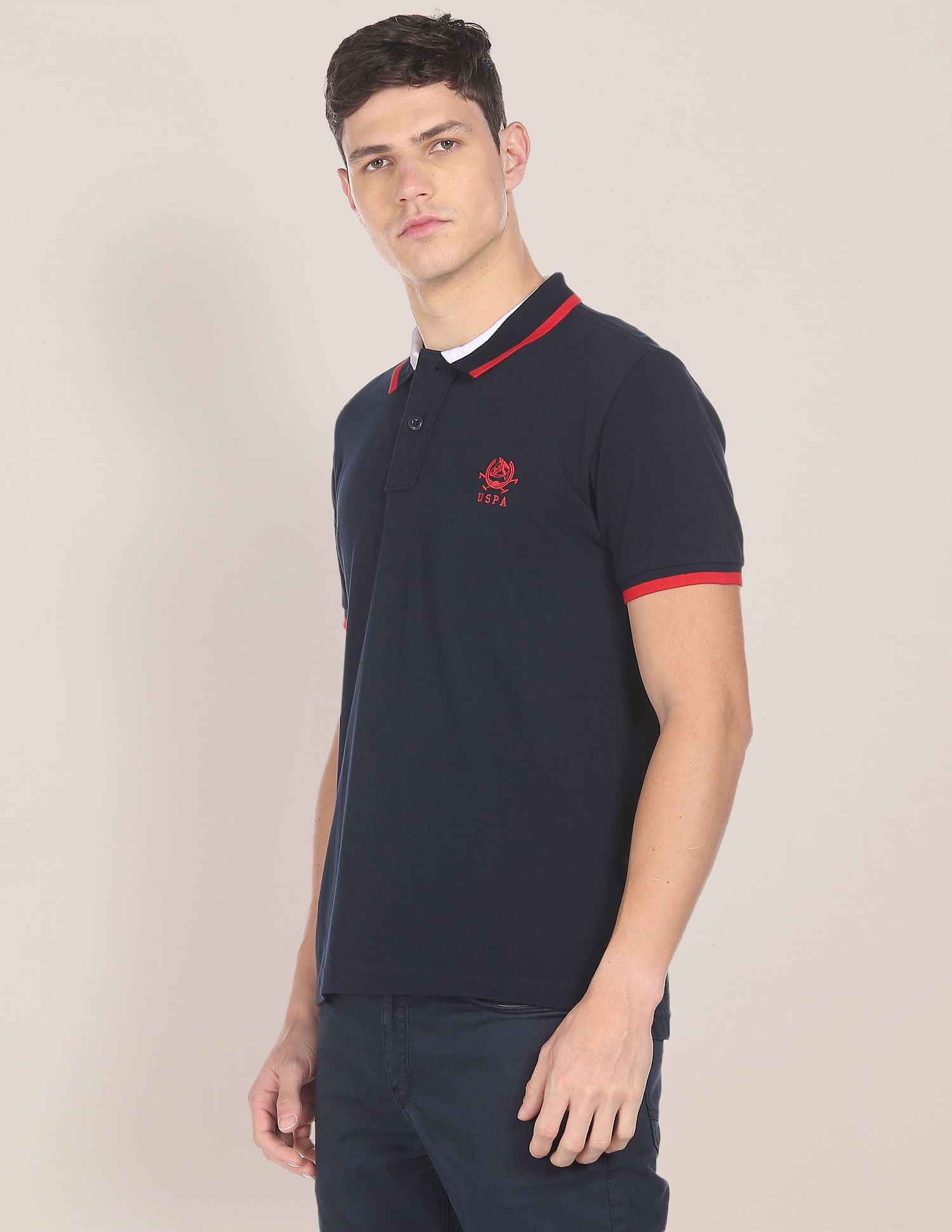 Men Navy Cotton Solid Polo Shirt Navy - U.S. POLO ASSN. | Large