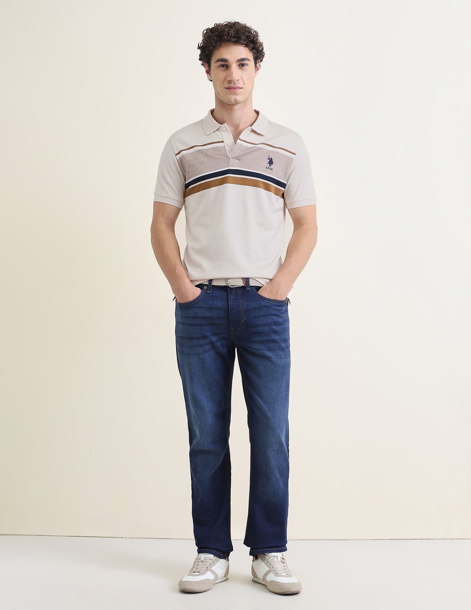 Horizontal Striped Slim Fit Polo Shirt Beige - U.S. Polo Assn. India | Large