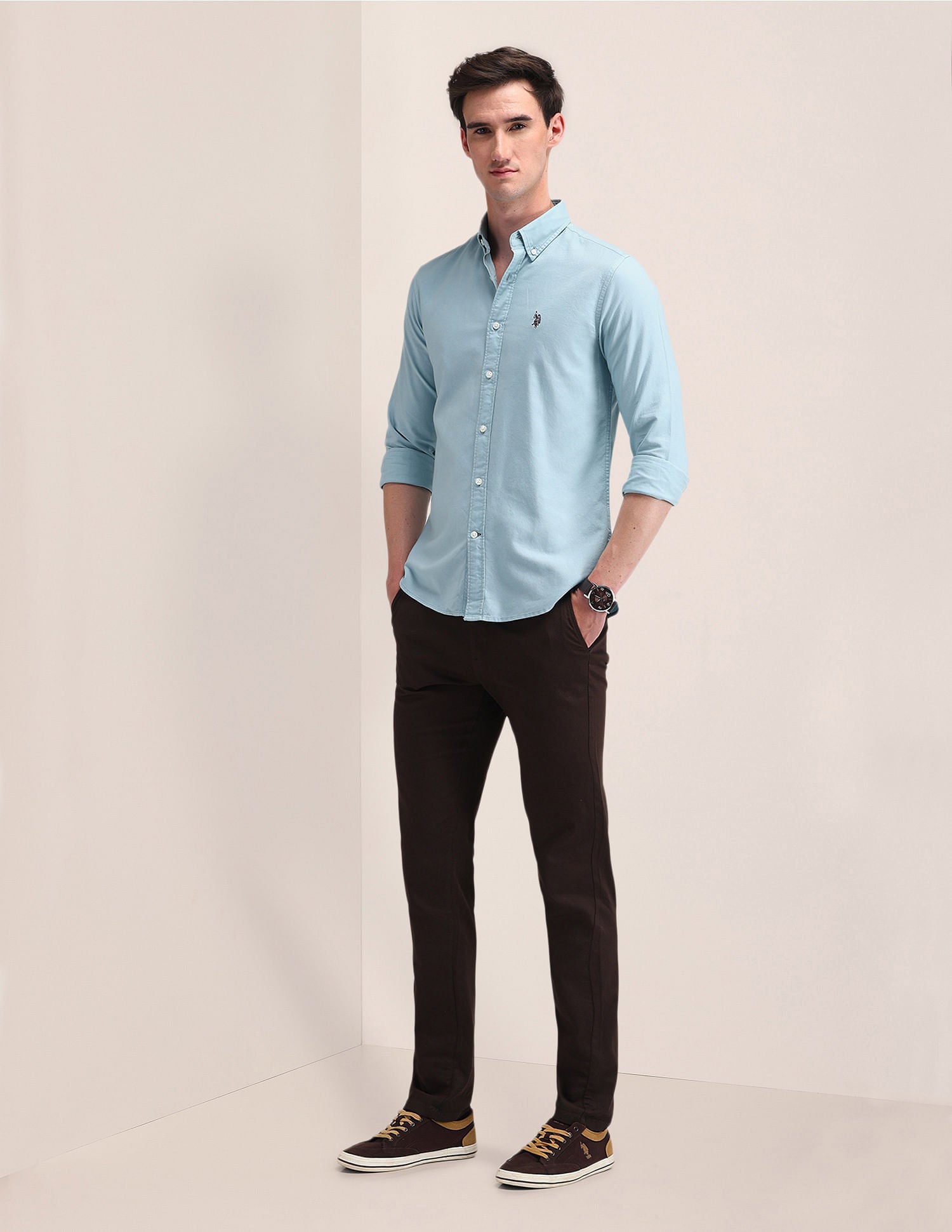 Tailored Fit Solid Shirt Light-Blue - U.S. Polo Assn. India | Large