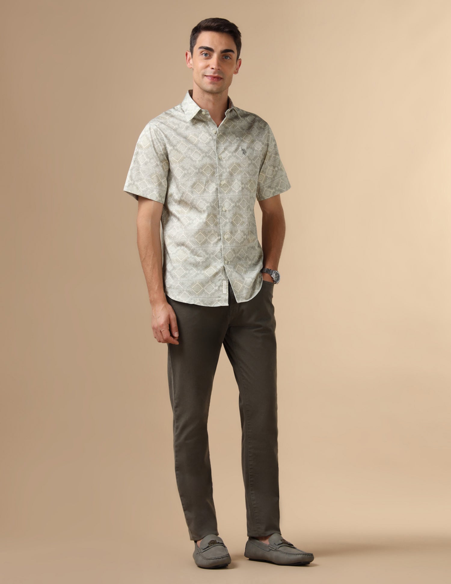 All Over Printed Satin Shirt Light Green - U.S. POLO ASSN. | Large