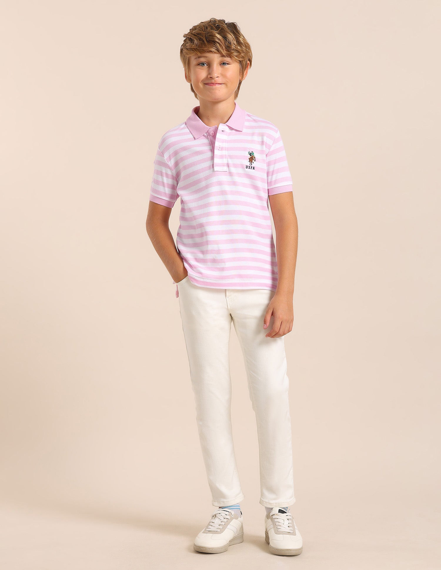 Boys Horizontal Striped Regular Fit Polo T shirt Light Pink - U.S. POLO ASSN. | Large