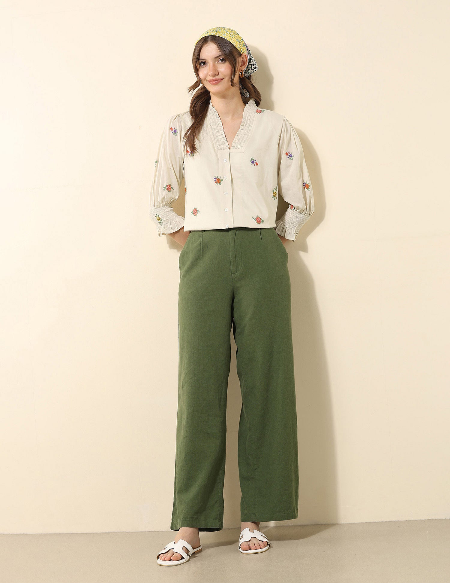 Floral Embroidered Ruffle Top Ecru - U.S. Polo Assn. India | Large