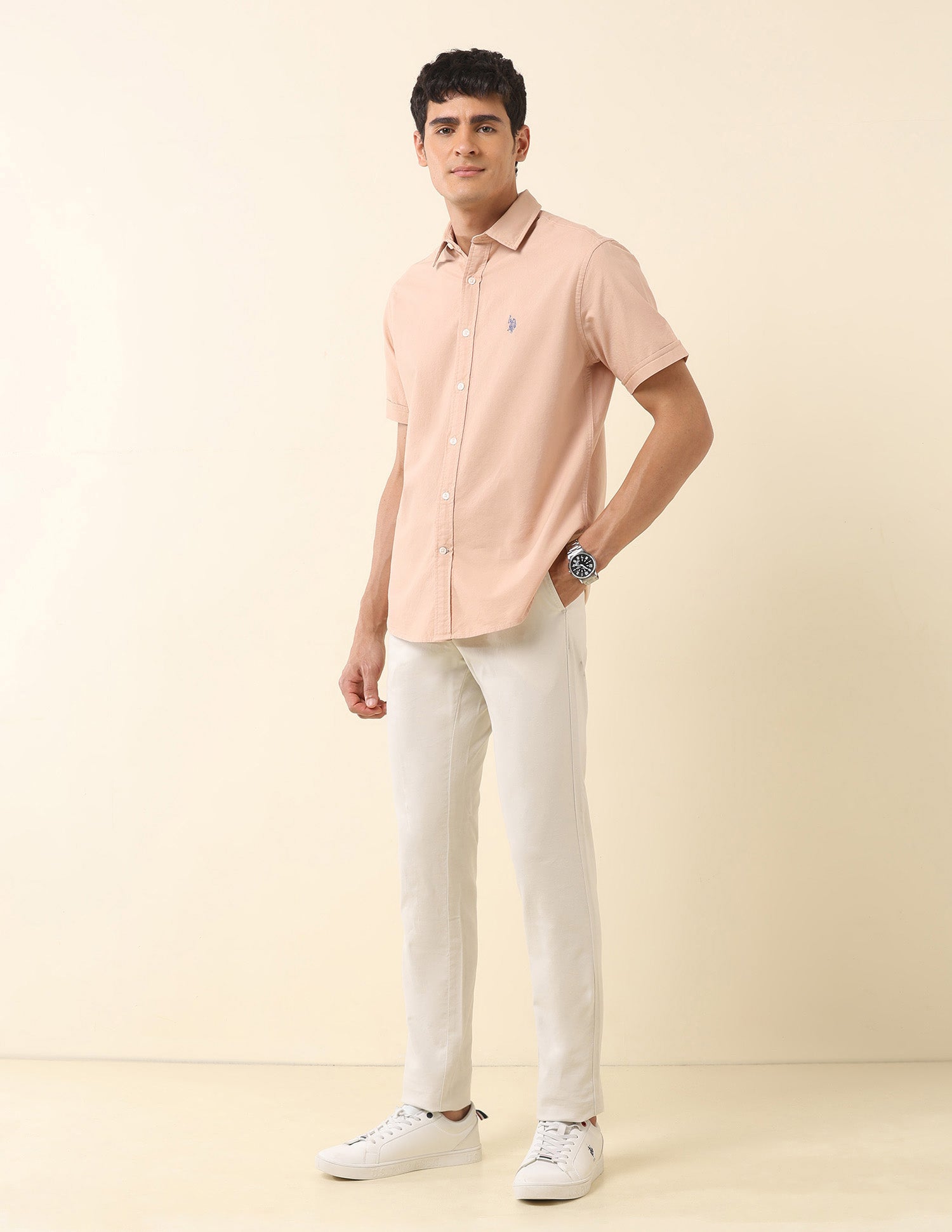 Tailored Fit Solid Pure Cotton Shirt Peach - U.S. Polo Assn. India | Large
