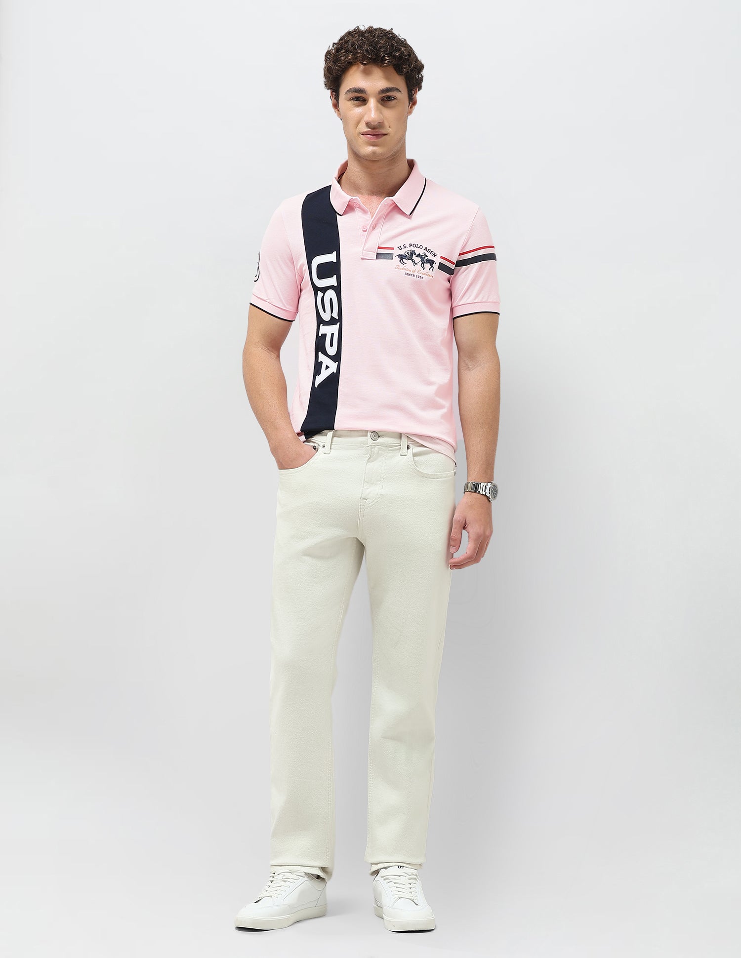Colorblocked Brand Embroidered Slim Fit Polo Shirt Light Pink - U.S. Polo Assn. India | Large