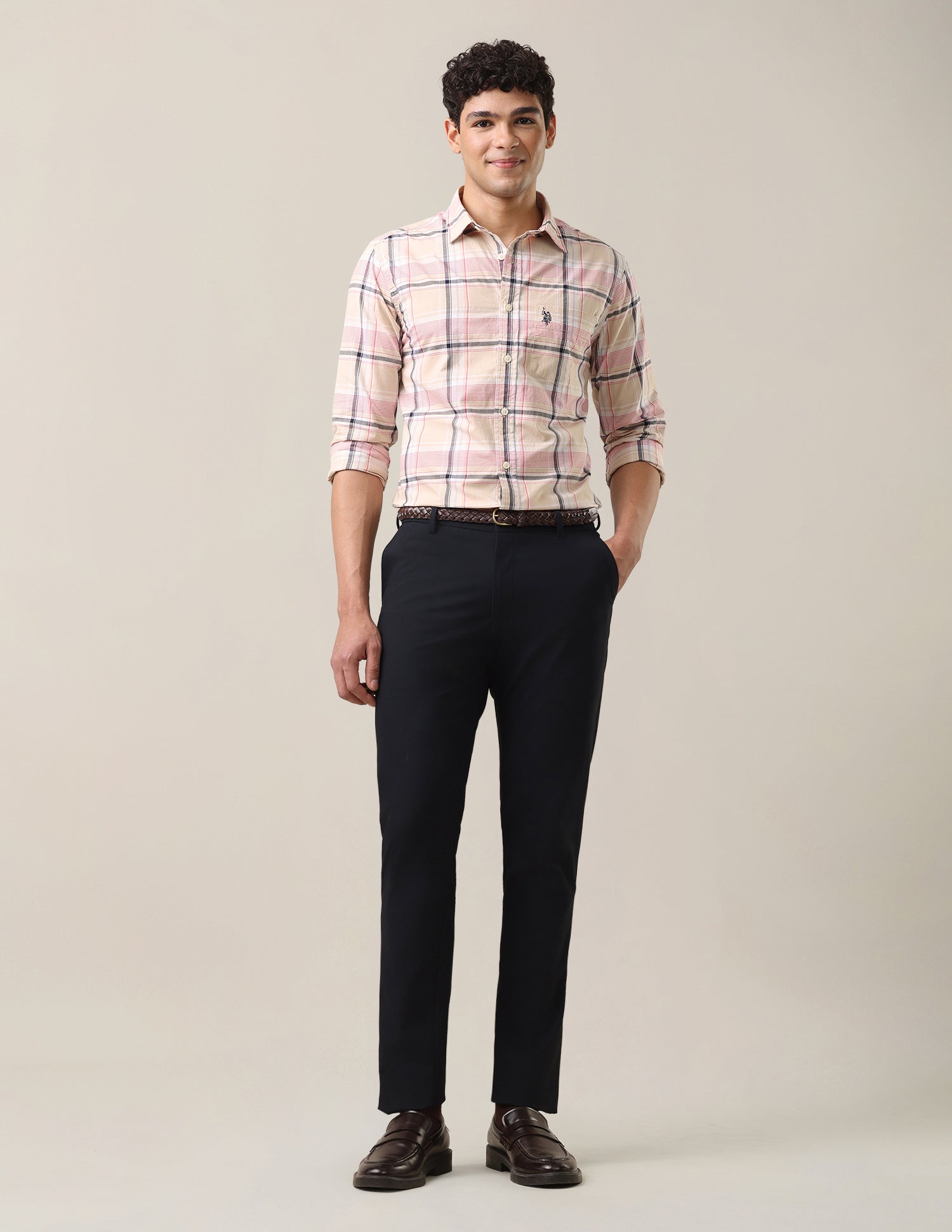 Plaid Checked Tailored Fit Shirt Beige - U.S. Polo Assn. India | Large