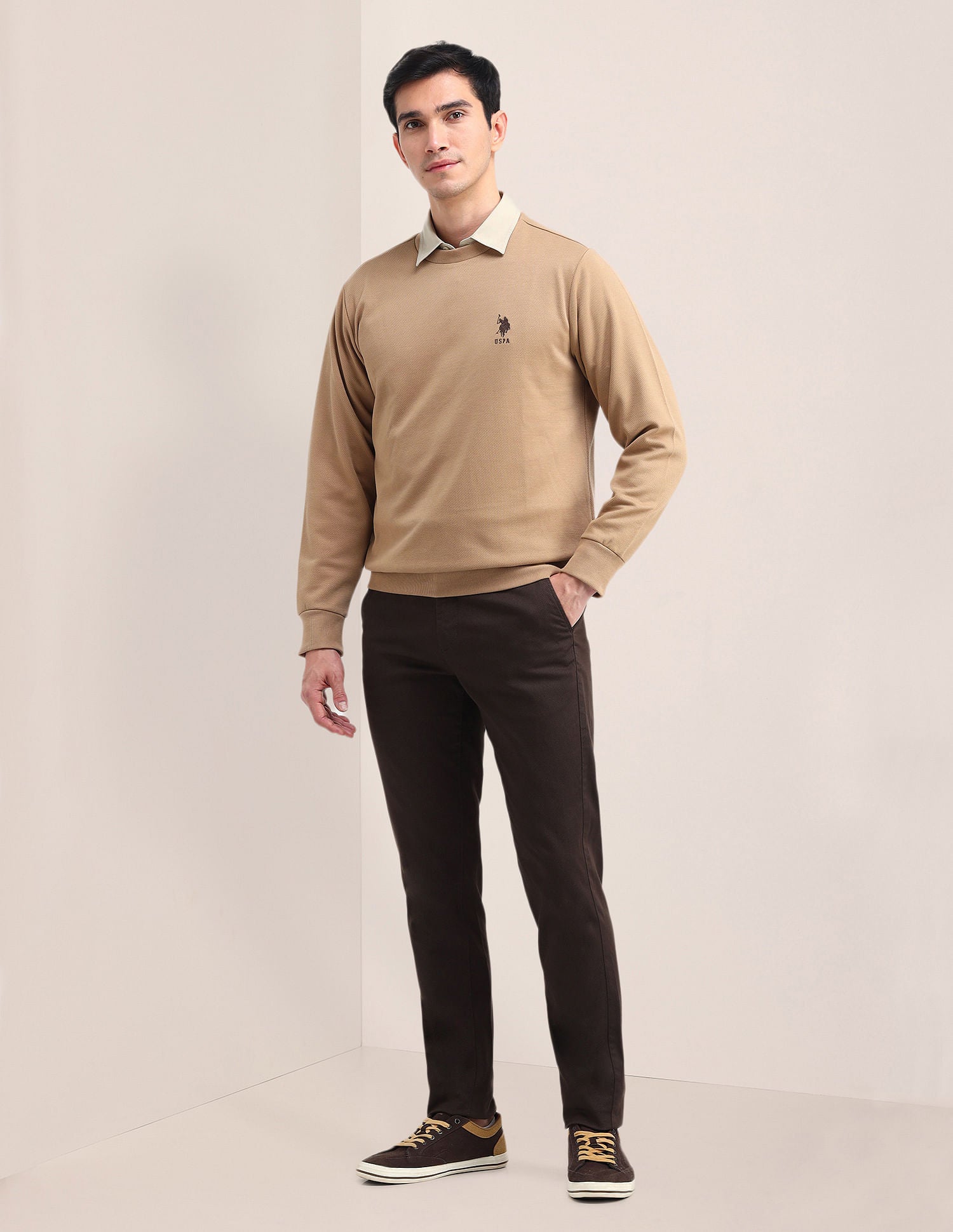 Patterned Knit Regular Fit Sweatshirt Light Brown - U.S. POLO ASSN. | Large