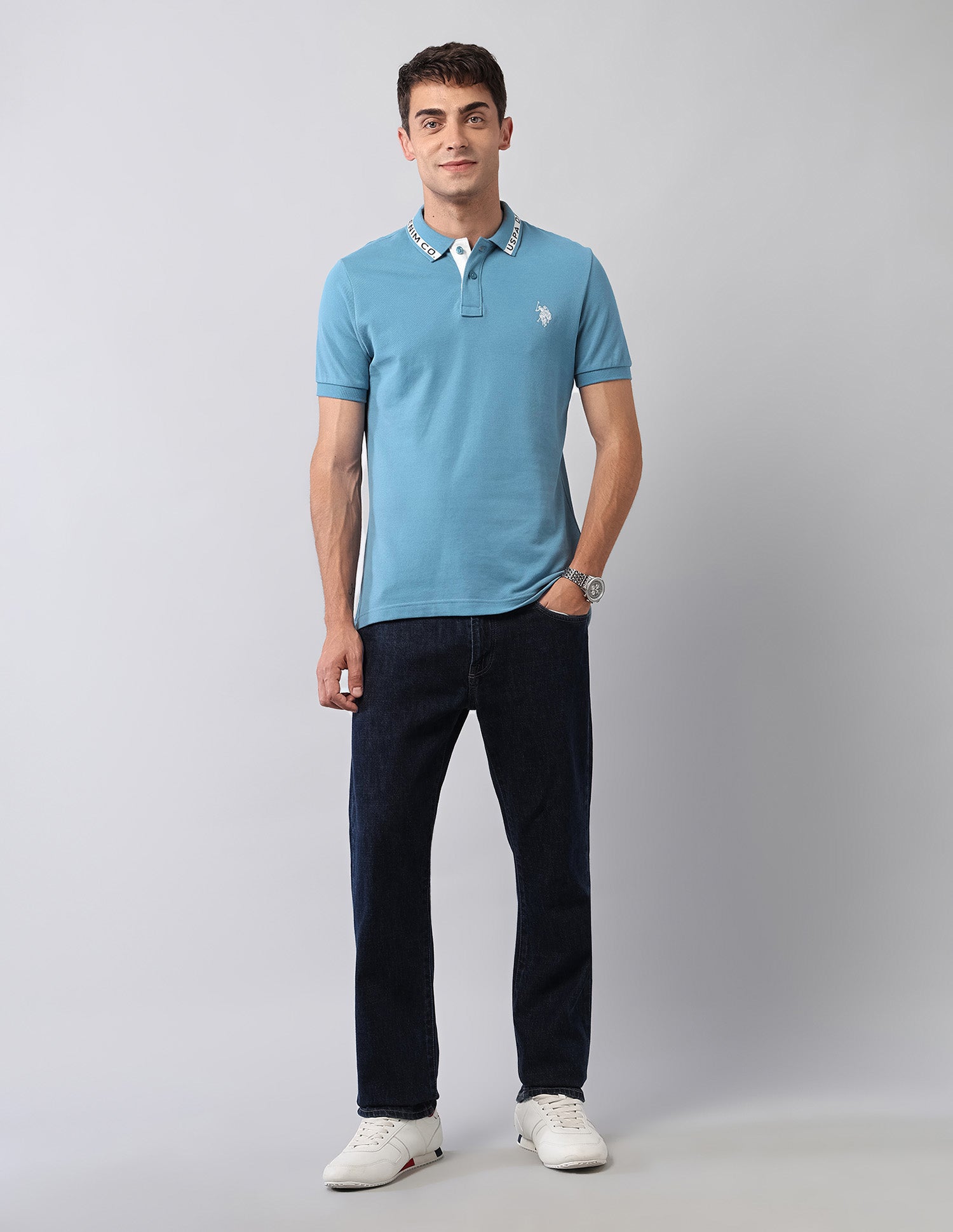 Pure Cotton Solid Polo Shirt Blue - U.S. Polo Assn. India | Large