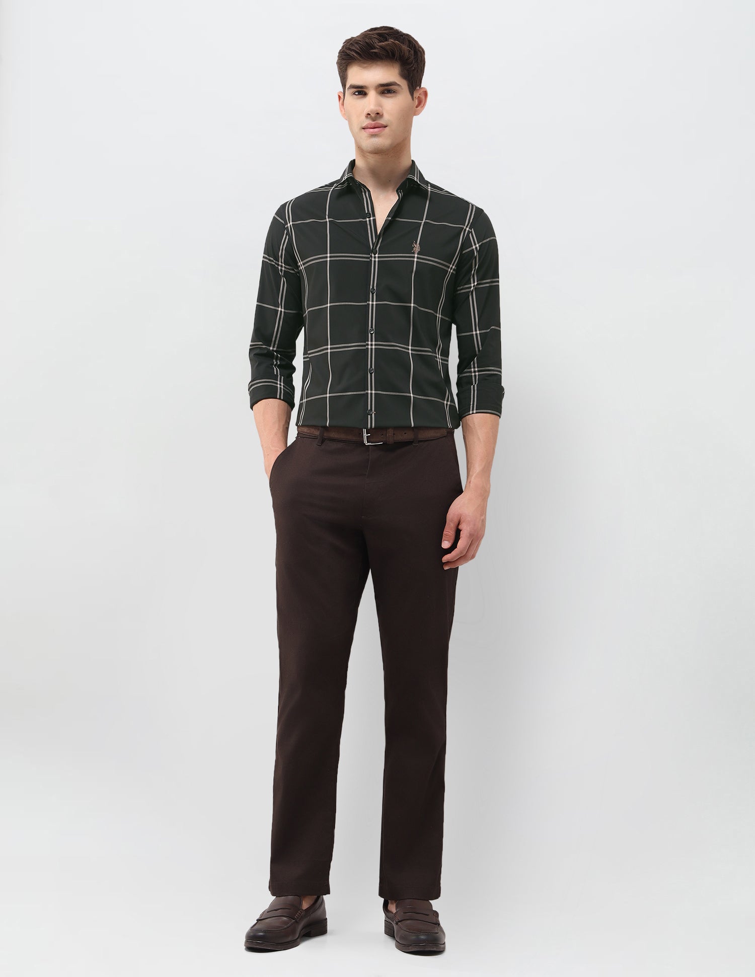 Grid Tattersall Checked Regular Fit Shirt Dark Olive - U.S. Polo Assn. India | Large