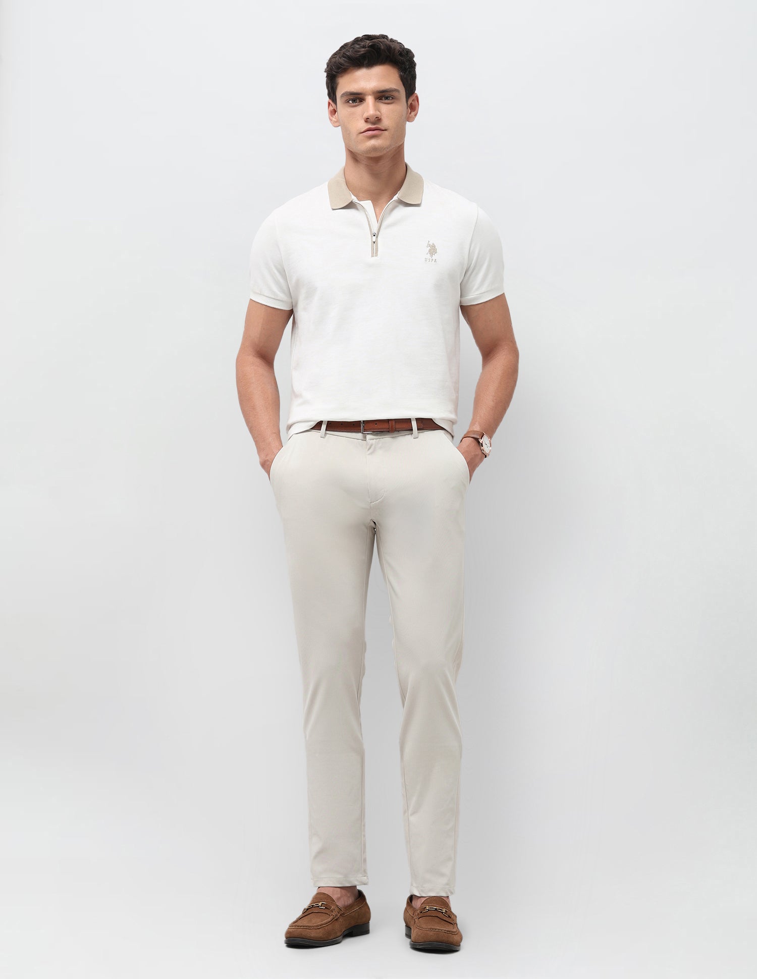 Austin Slim Fit Mid Rise Trousers Stone - U.S. Polo Assn. India | Large