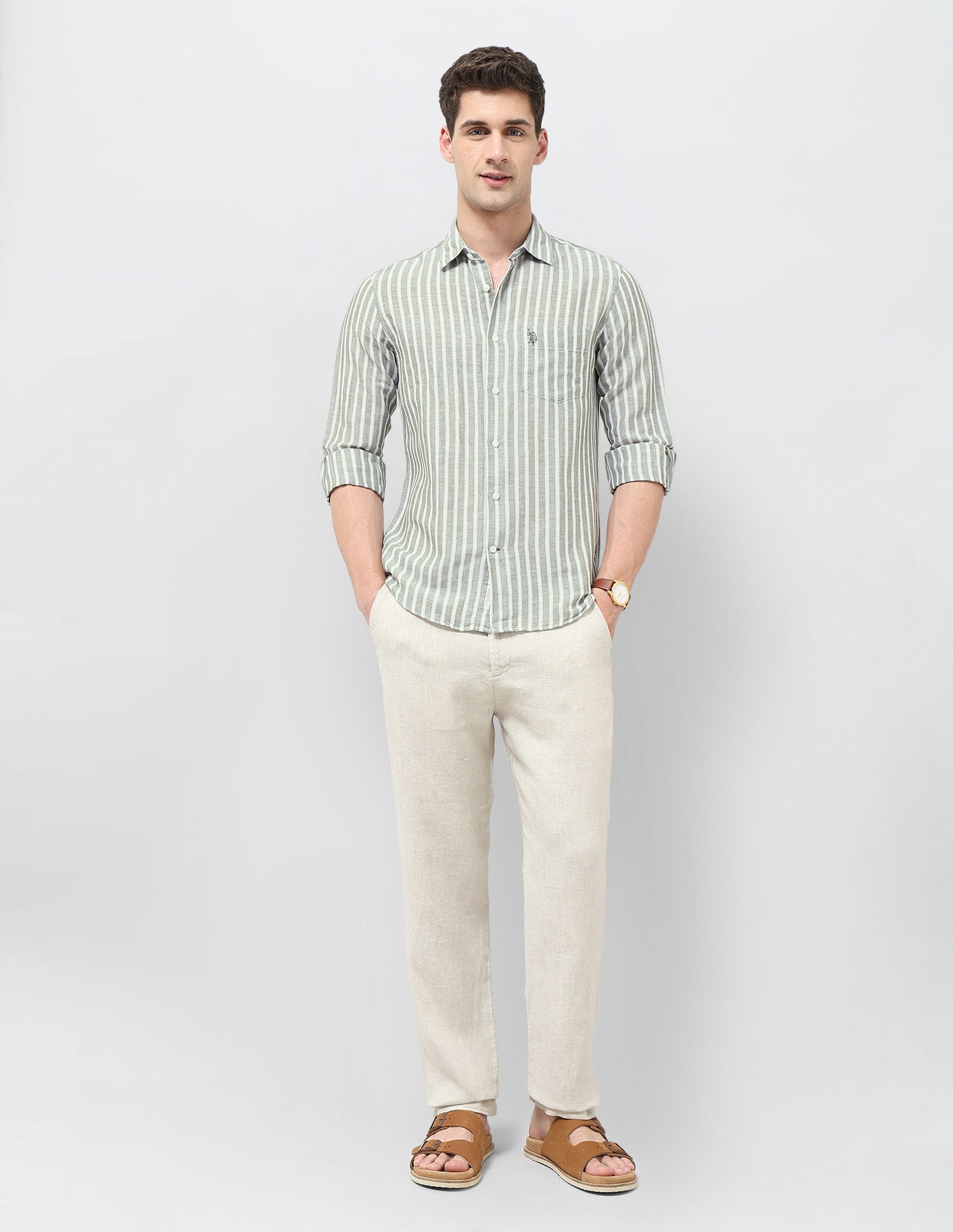 Vertical Striped Tailored Fit Shirt Light Green - U.S. POLO ASSN. | Large