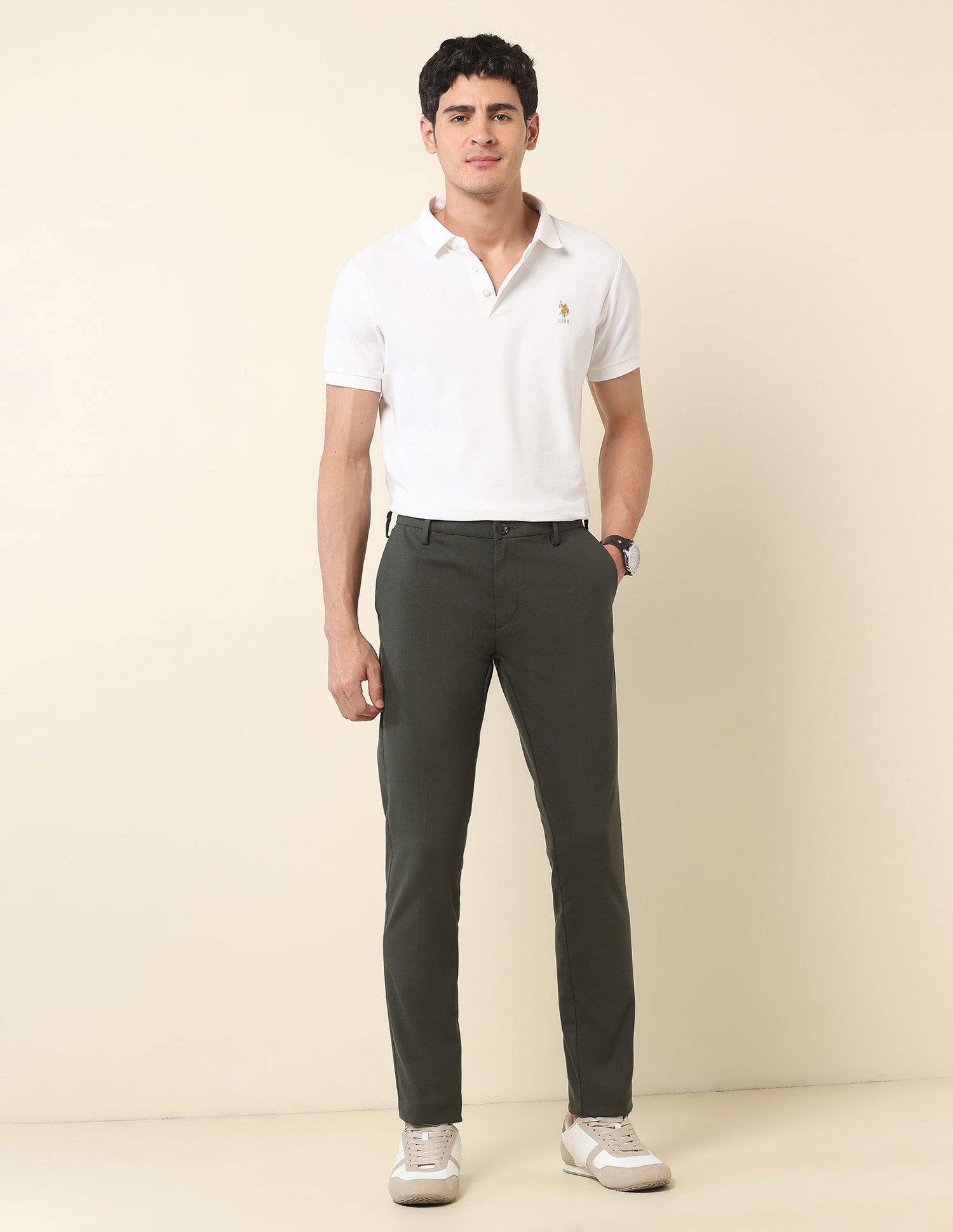 Austin Slim Fit Solid Trousers Olive - U.S. Polo Assn. India | Large