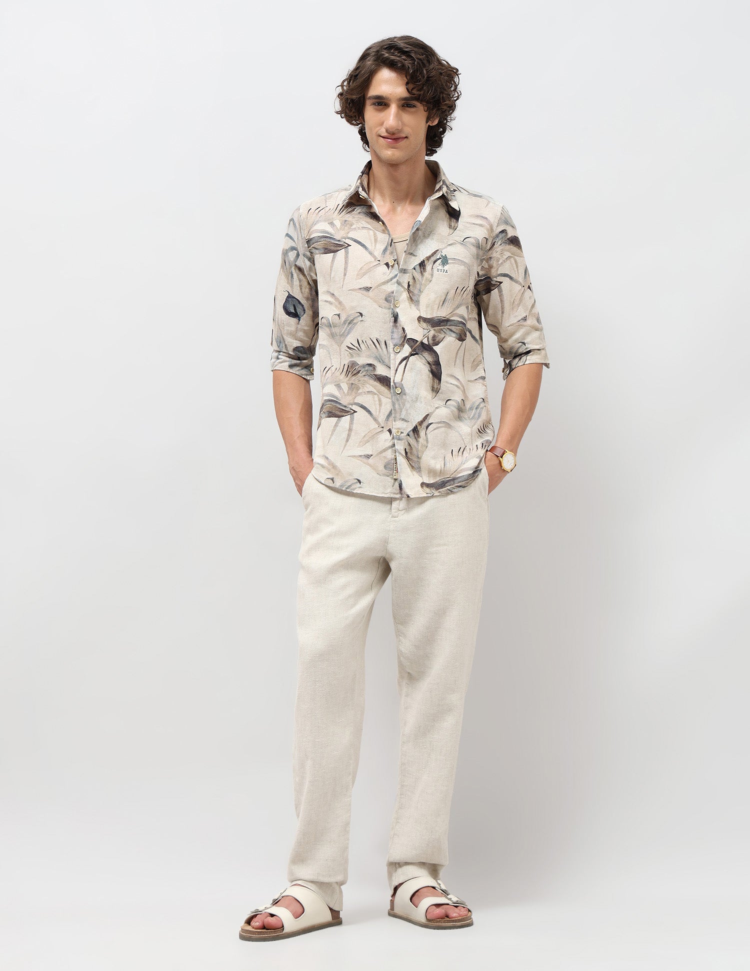 Tropical Printed Regular Fit Shirt Beige - U.S. POLO ASSN. | Large