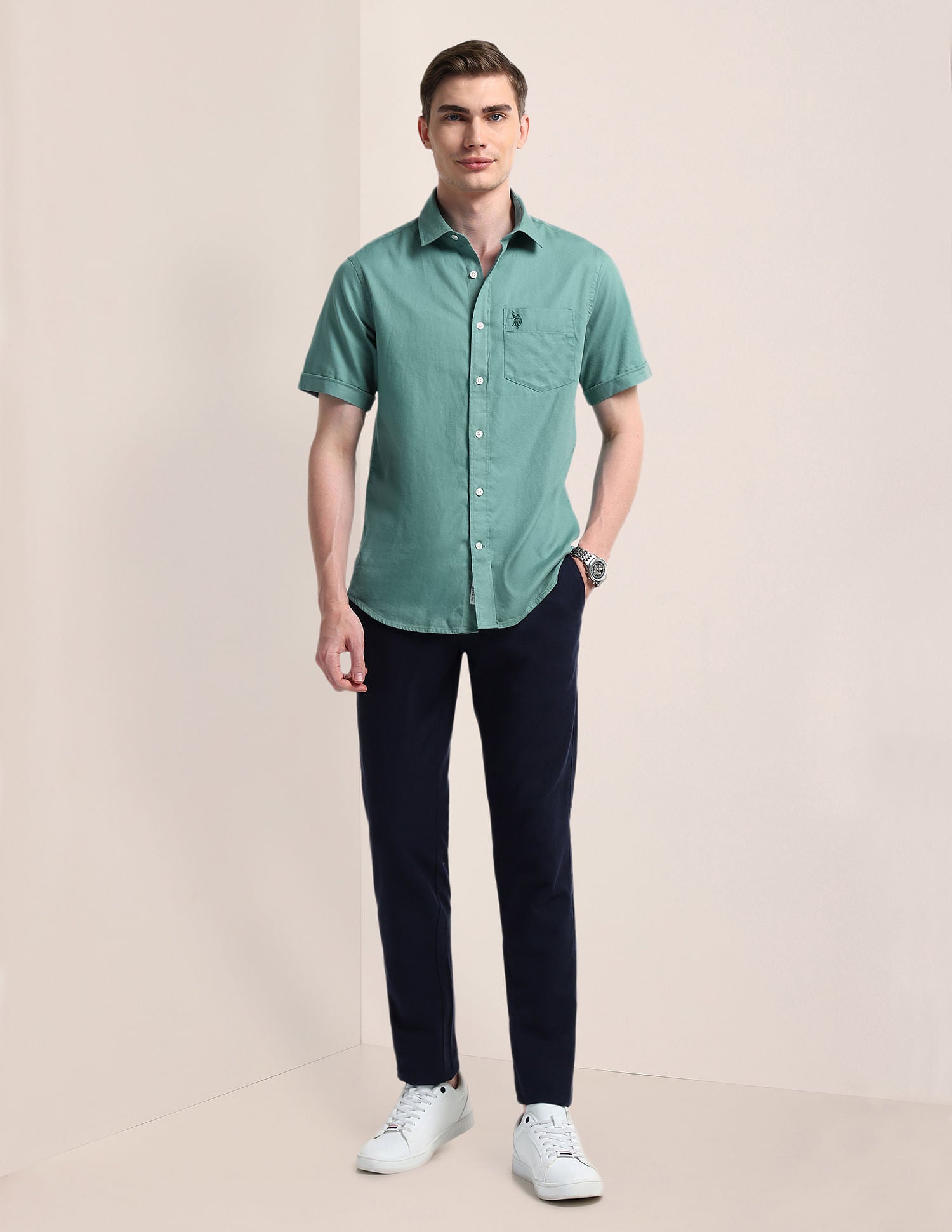 Cutaway Collar Premium Cotton Shirt Green - U.S. Polo Assn. India | Large