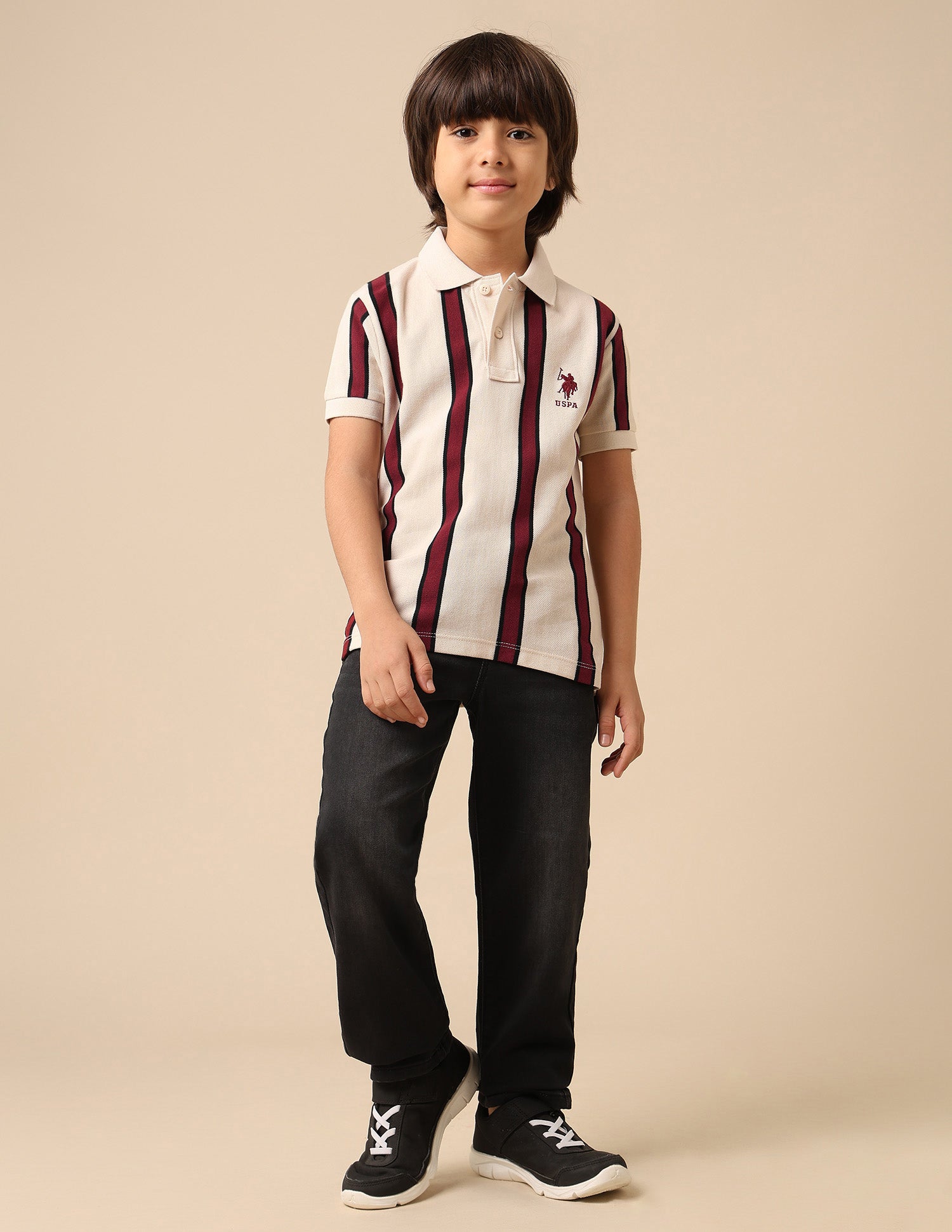 Boys Vertical Striped Regular Fit Polo Shirt Ecru - U.S. POLO ASSN. | Large