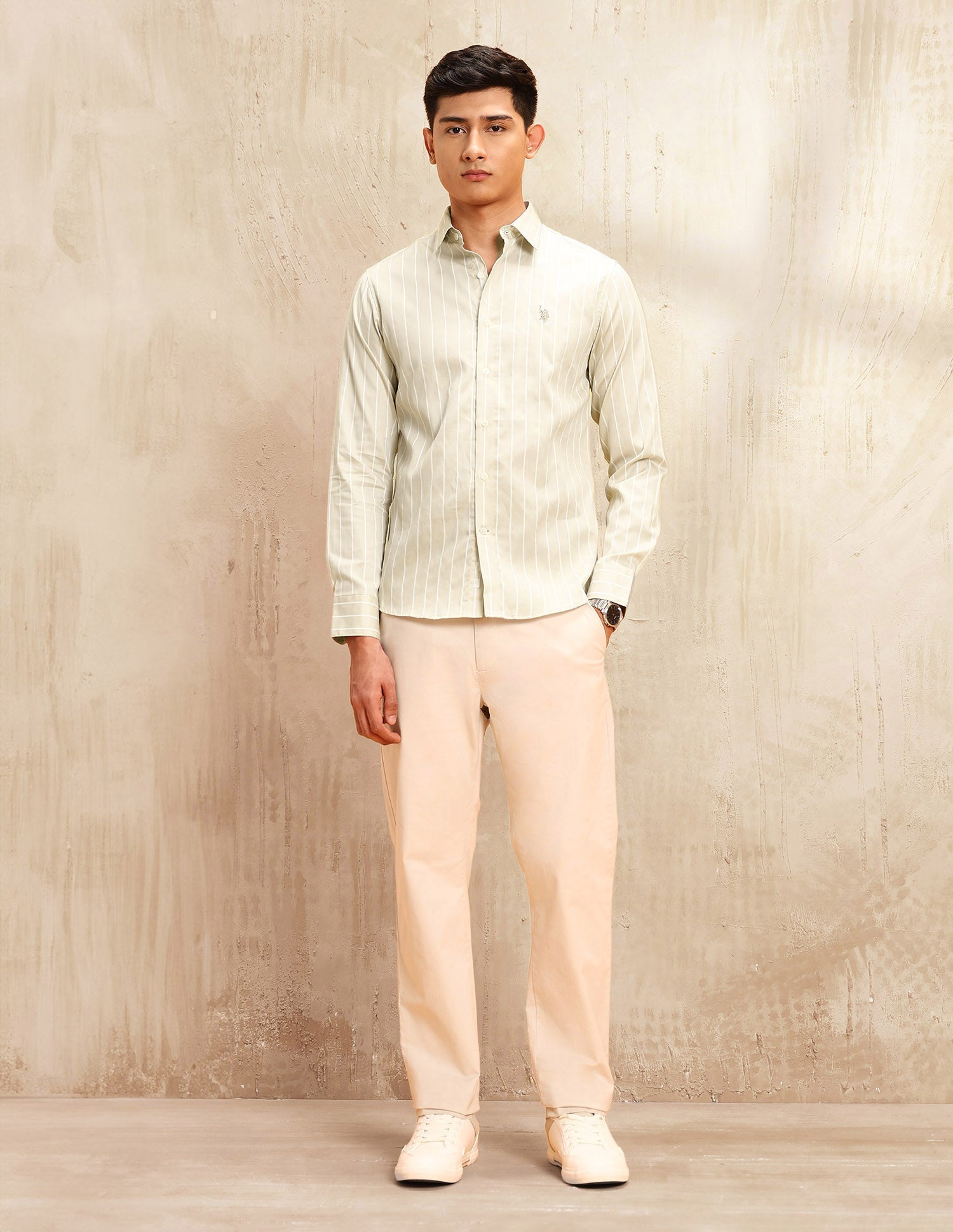 Vertical Striped Tailored Fit Shirt Beige - U.S. POLO ASSN. | Large