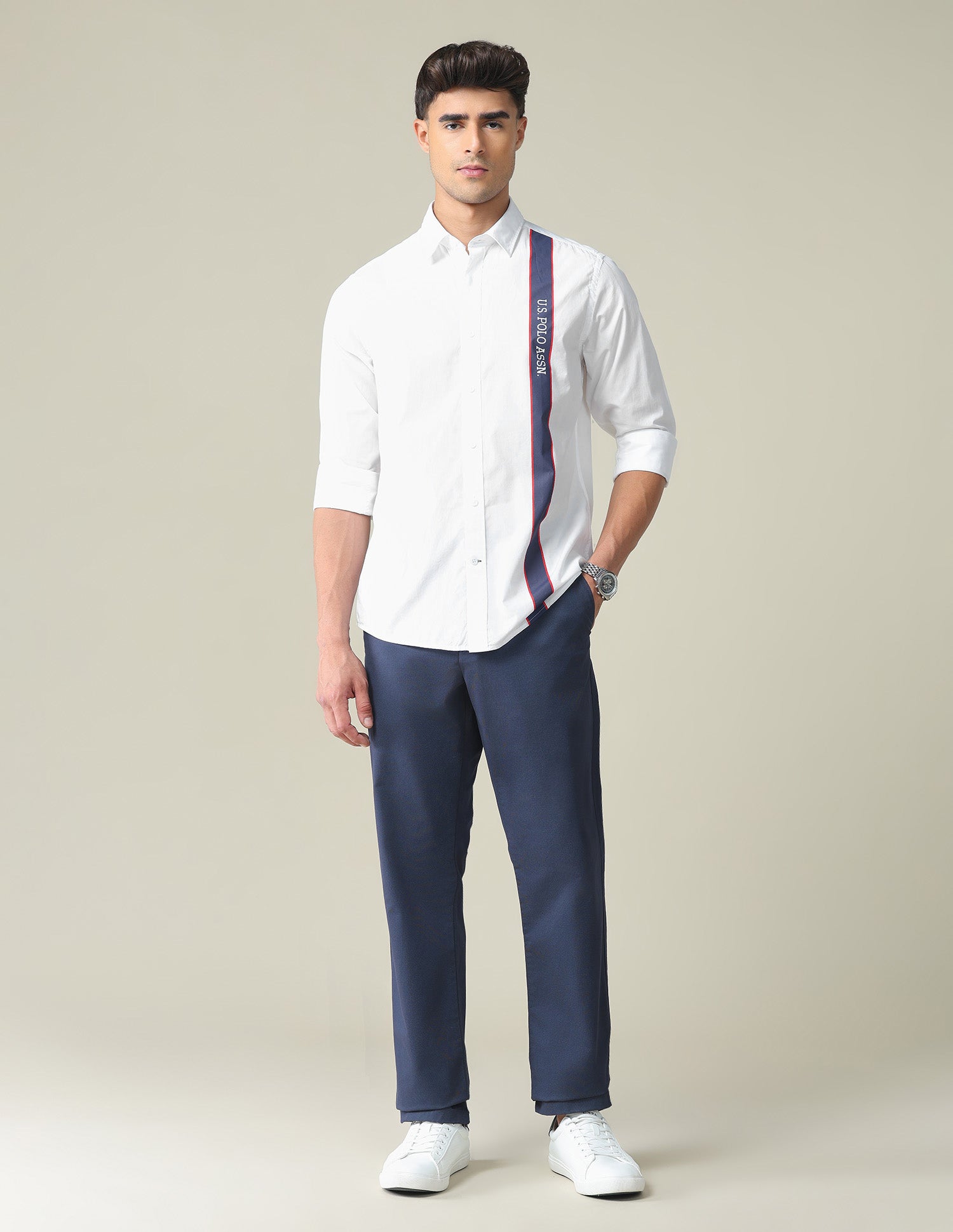 Vertical Stripe Cotton Shirt White - U.S. POLO ASSN. | Large