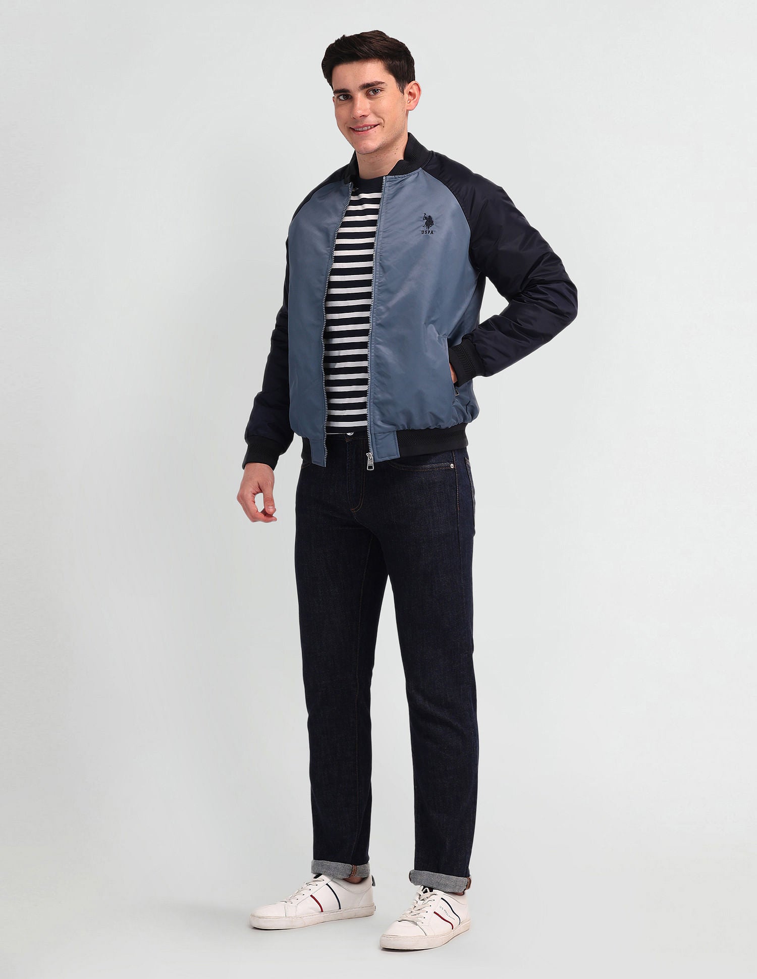 Regular Fit Solid Bomber Jacket Navy - U.S. Polo Assn. India | Large