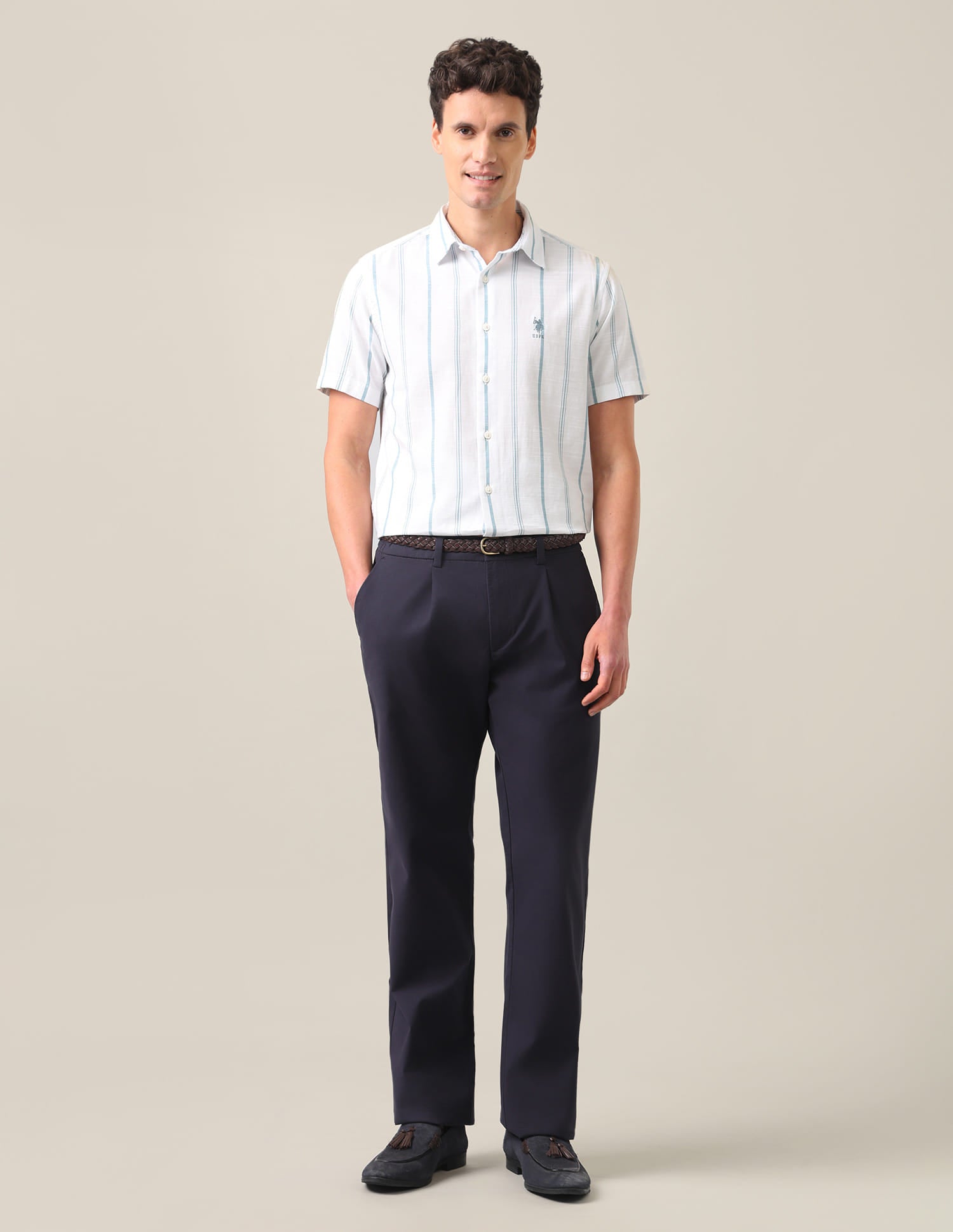 Vertical Striped Regular Fit Shirt Light Teal - U.S. Polo Assn. India | Large