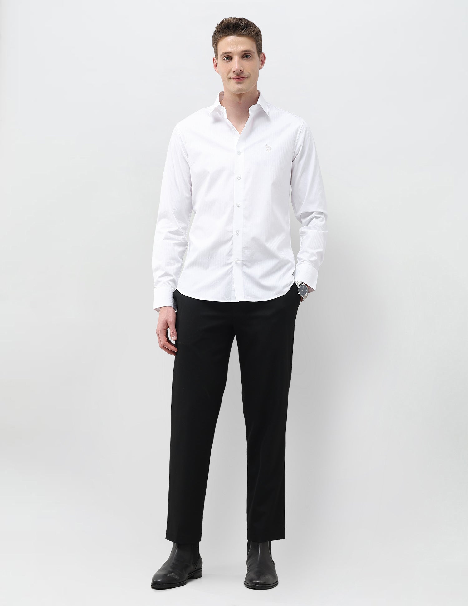 Dobby Self Design Vertical Striped Shirt White - U.S. Polo Assn. India | Large