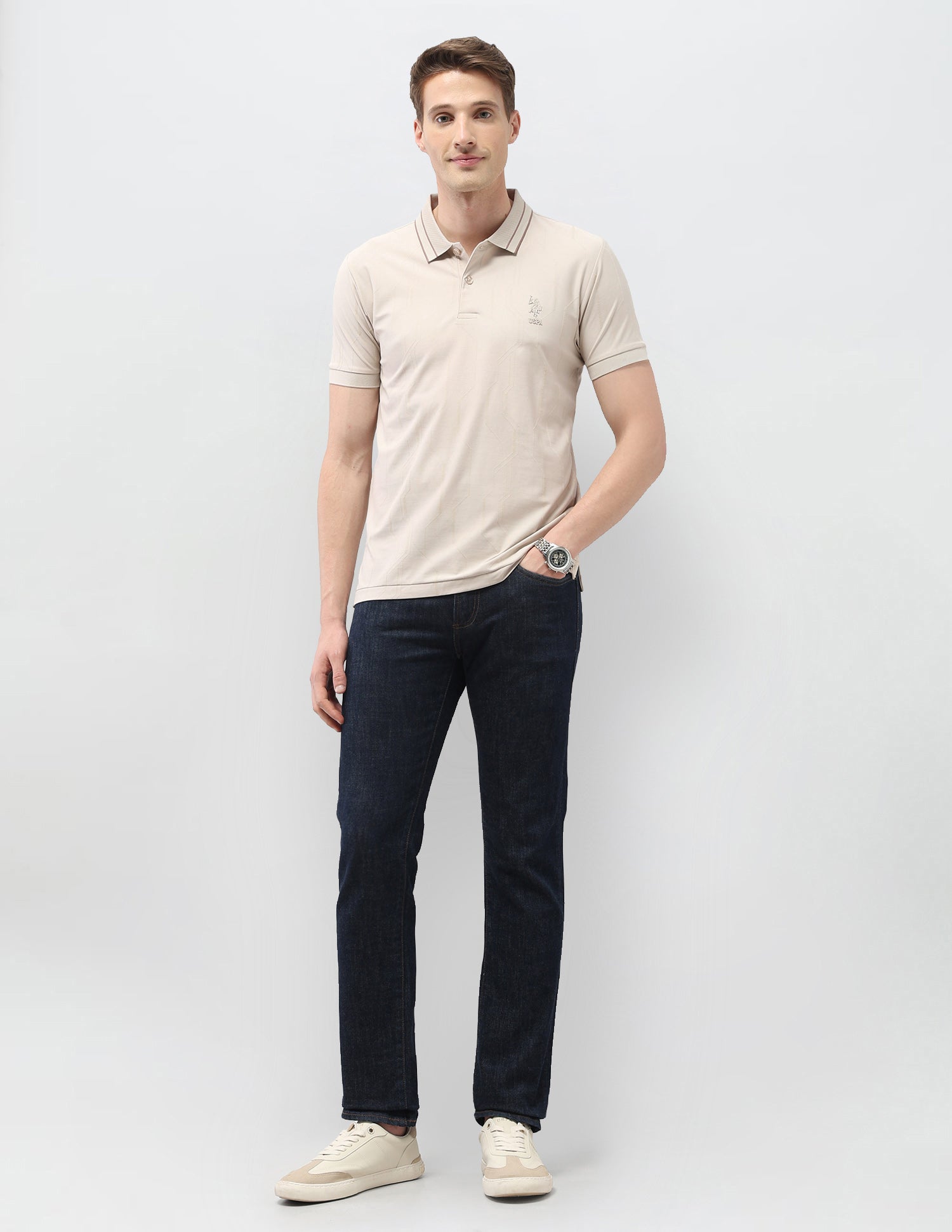 Textured Geometric Slim Fit Black & Gold Polo Shirt Beige - U.S. Polo Assn. India | Large