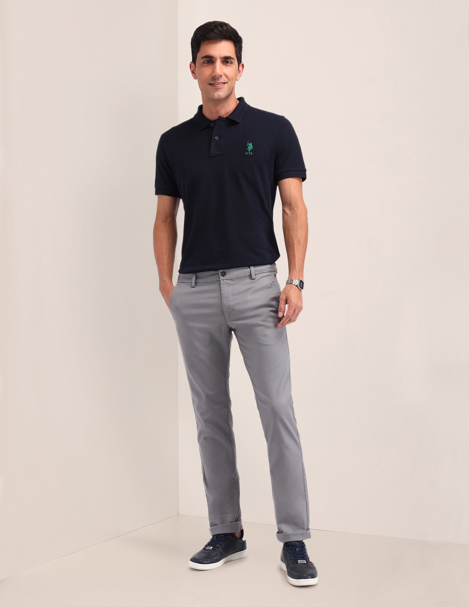 Solid Cotton Slim Fit Polo Shirt Navy - U.S. Polo Assn. India | Large