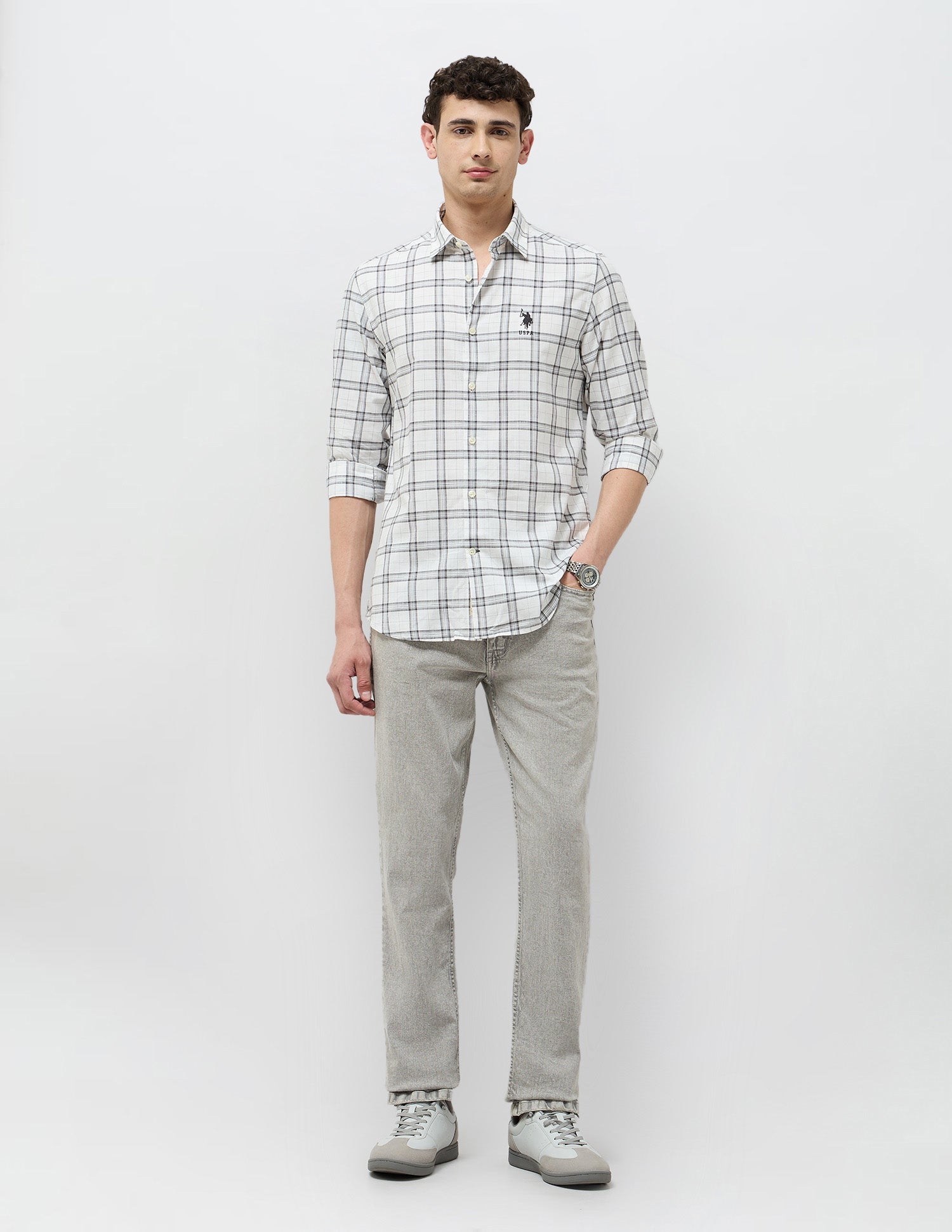 Regular Fit Grid Tattersall Checked Shirt Off White - U.S. POLO ASSN. | Large