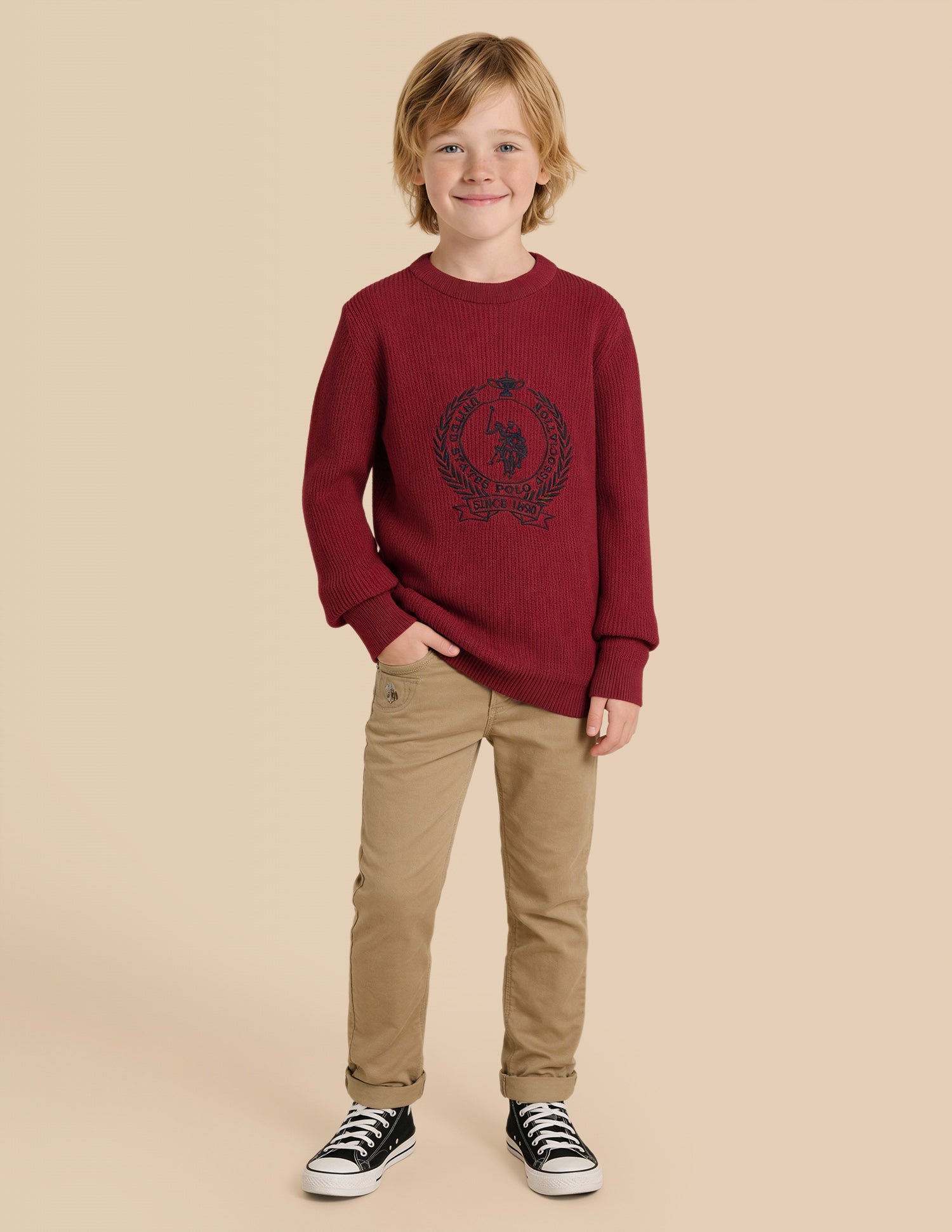 Boys Brand Embroidered Regular Fit Sweater Dark Red - U.S. Polo Assn. India | Large