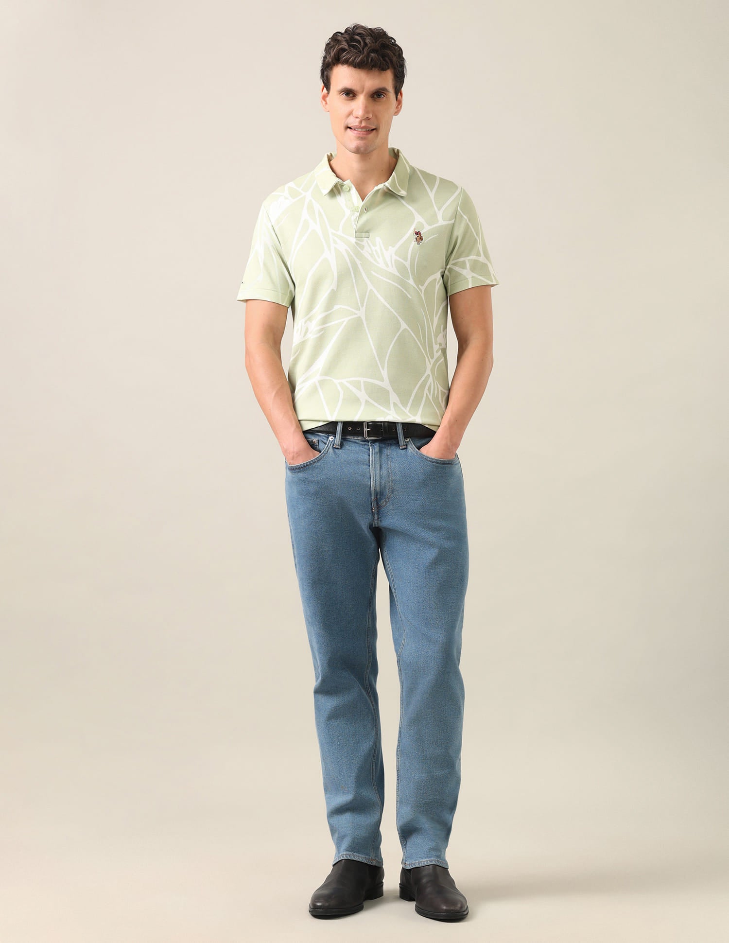 Abstract Printed Slim Fit Polo Shirt Light Green - U.S. Polo Assn. India | Large