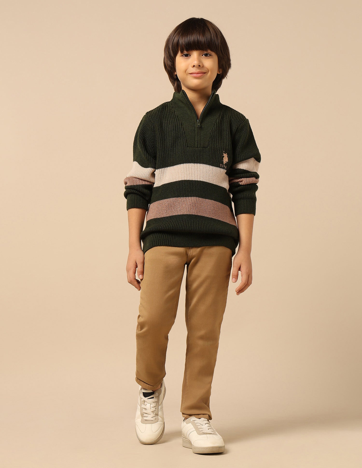 Boys Striped Regular Fit Sweater Olive - U.S. POLO ASSN. | Large