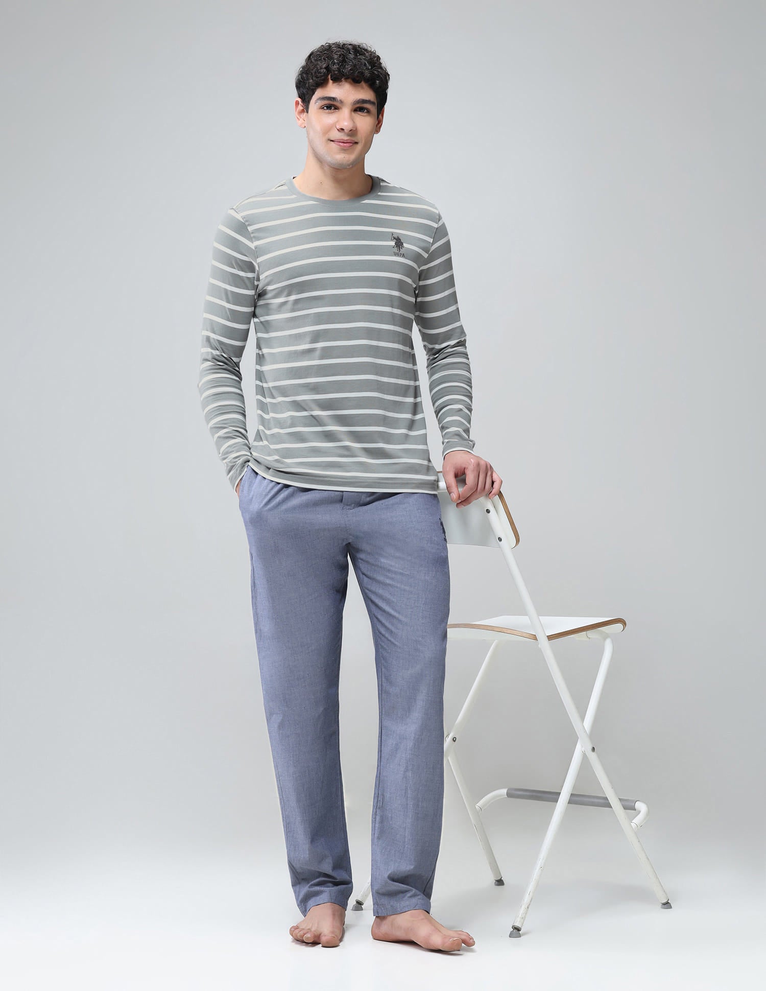 Horizontal Striped Pure Cotton I689 Lounge T-Shirt - Pack Of 1 Ghost Grey / White - U.S. Polo Assn. India | Large