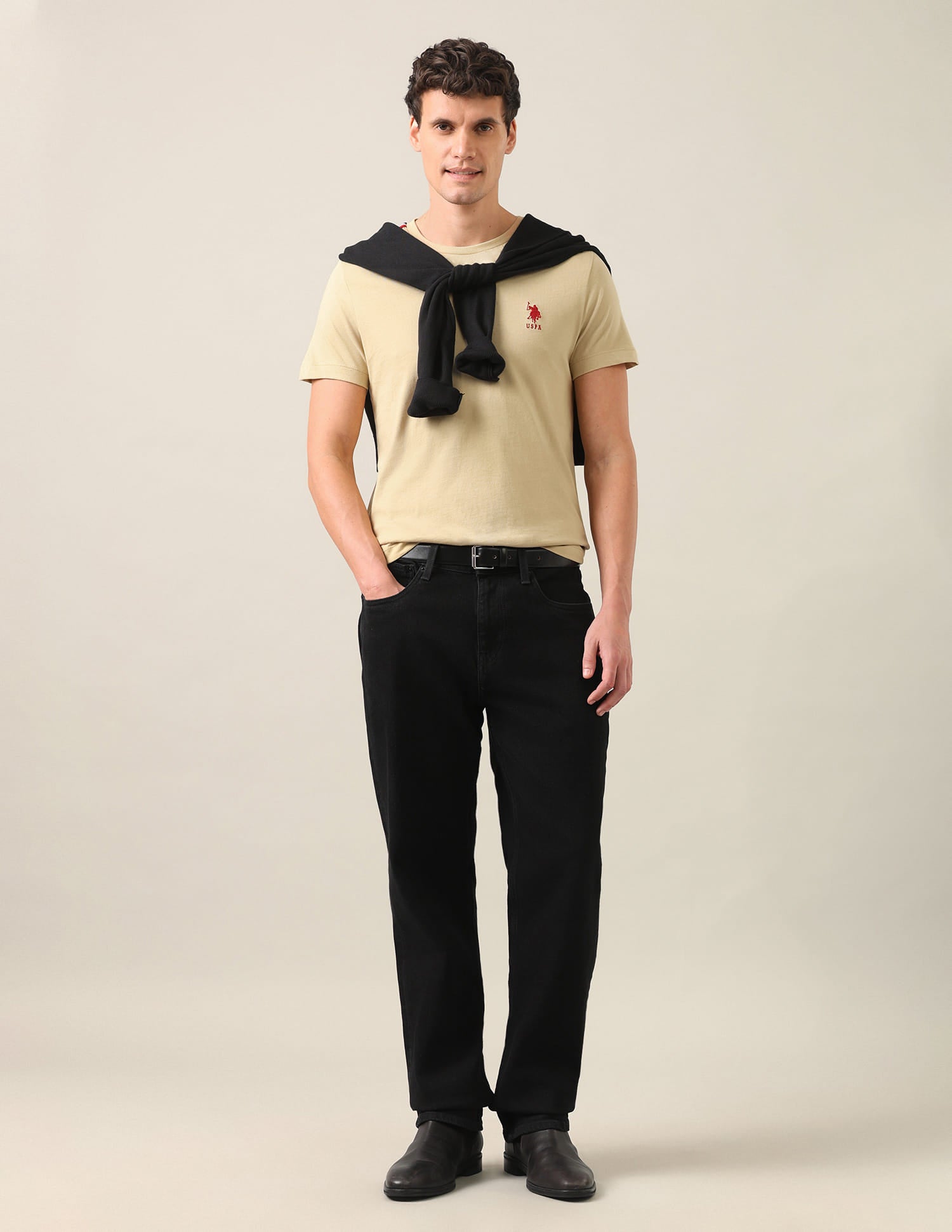 Solid Regular Fit T-Shirt Beige - U.S. Polo Assn. India | Large