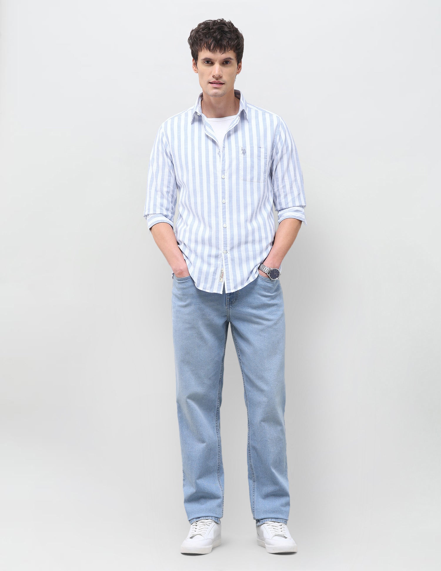 Vertical Striped Regular Fit Shirt Light Blue - U.S. Polo Assn. India | Large