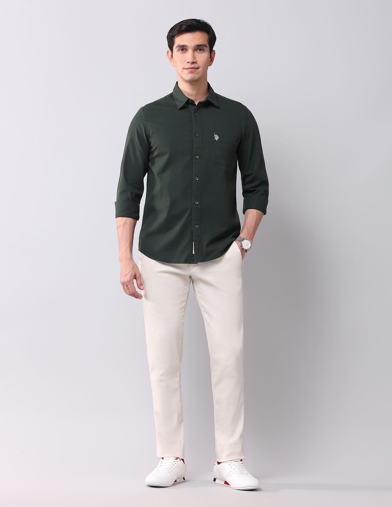 Regular Fit Twill Solid Shirt Olive - U.S. POLO ASSN. | Large