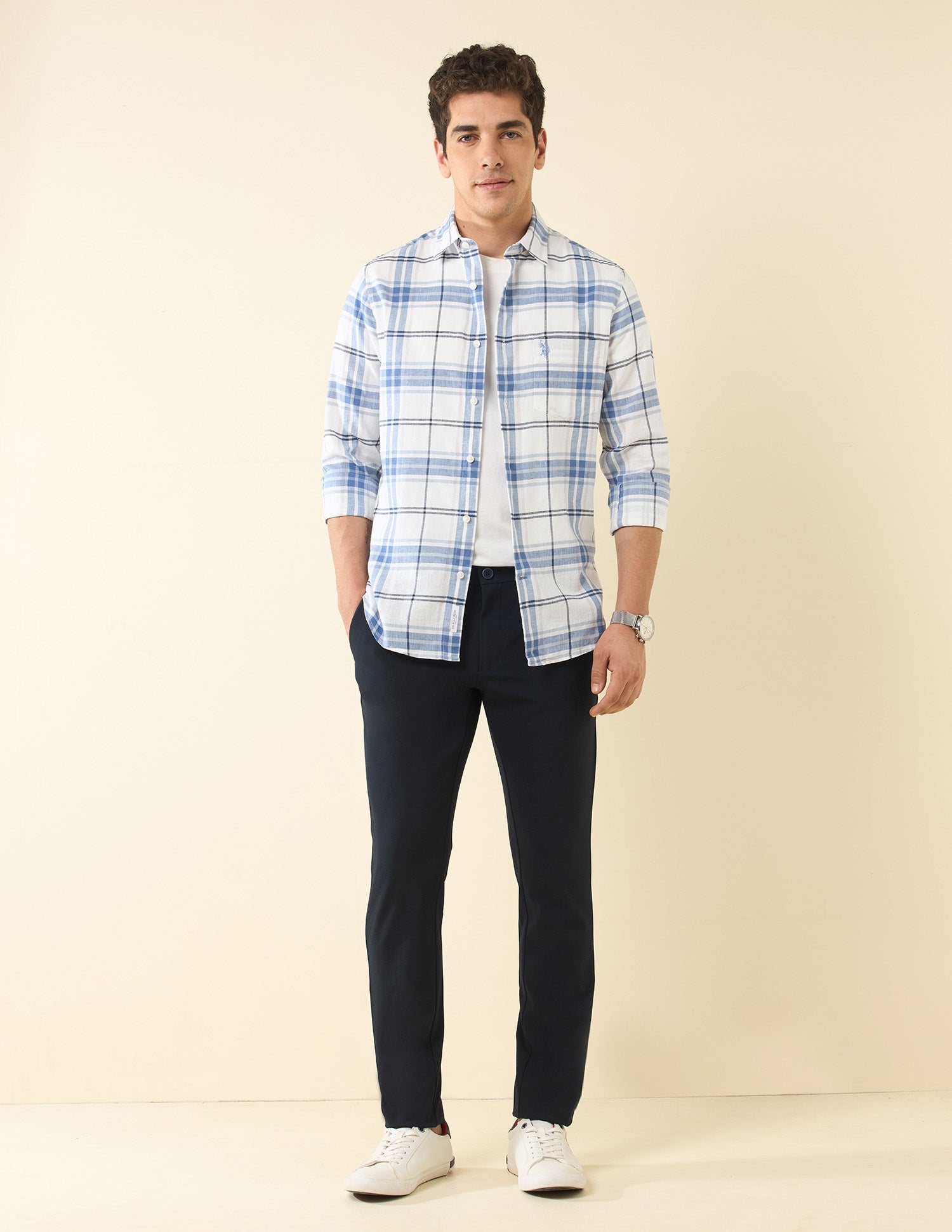 Tailored Fit Grid Tattersall Checked Shirt White - U.S. Polo Assn. India | Large
