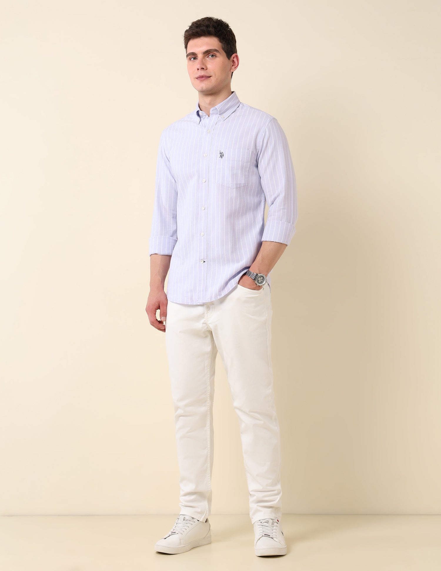 Vertical Striped Oxford Button-Down Shirt Light Lavender - U.S. Polo Assn. India | Large