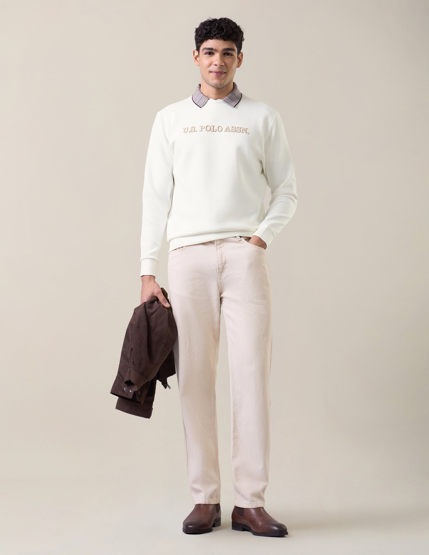 Brand Applique Slim Fit Sweatshirt Off White - U.S. Polo Assn. India | Large