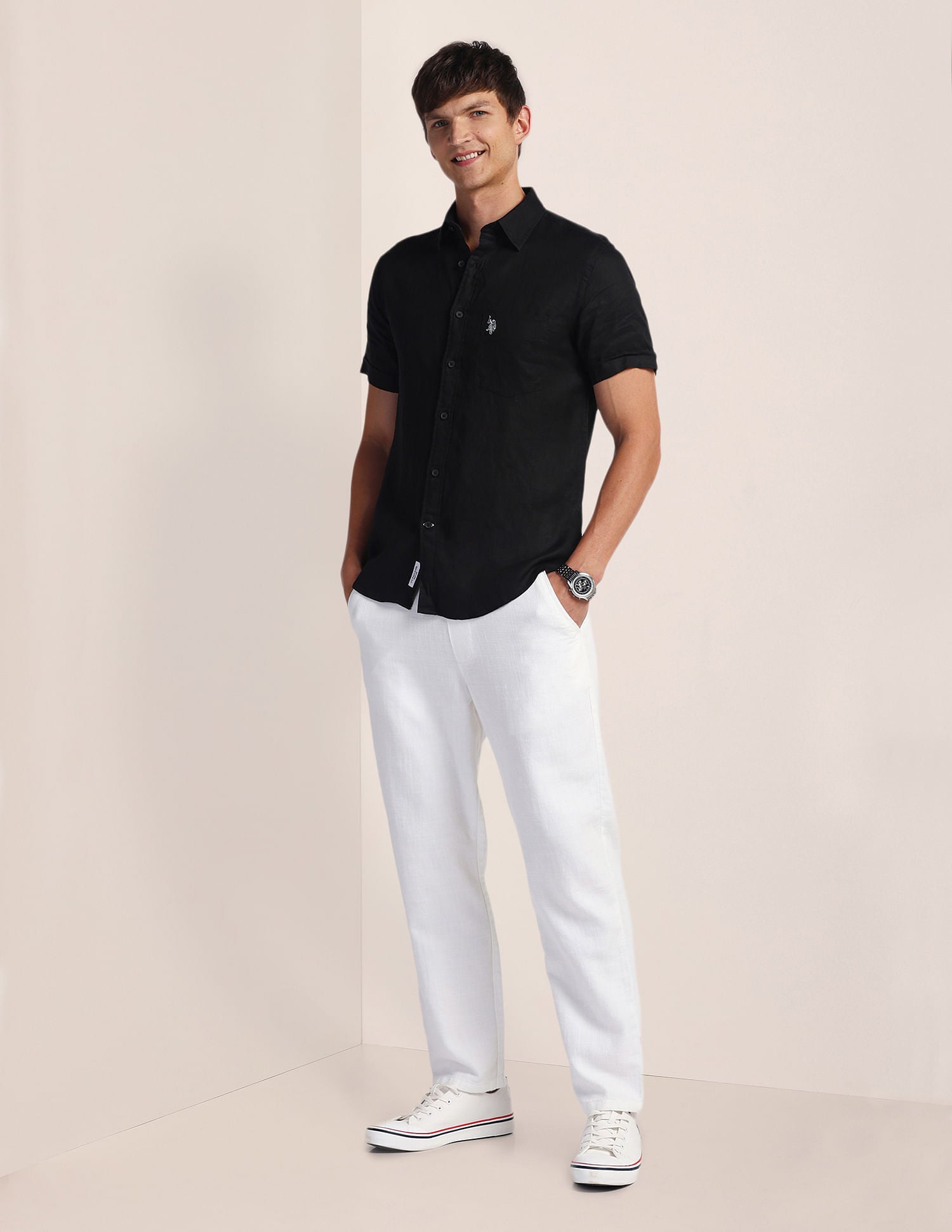 Solid Linen Regular Shirt Black - U.S. POLO ASSN. | Large