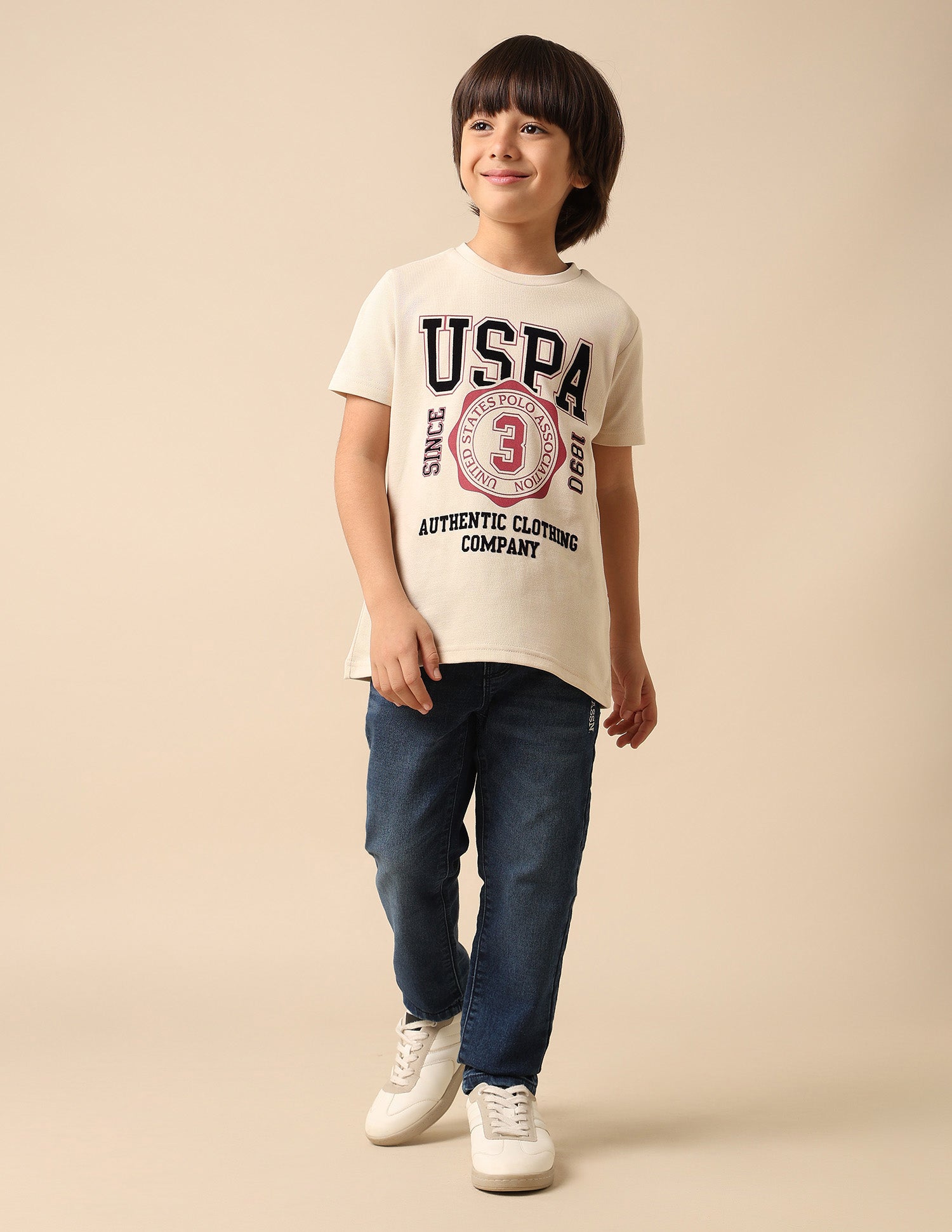 Boys Graphic Printed Pure Cotton T Shirt Ecru - U.S. POLO ASSN. | Large