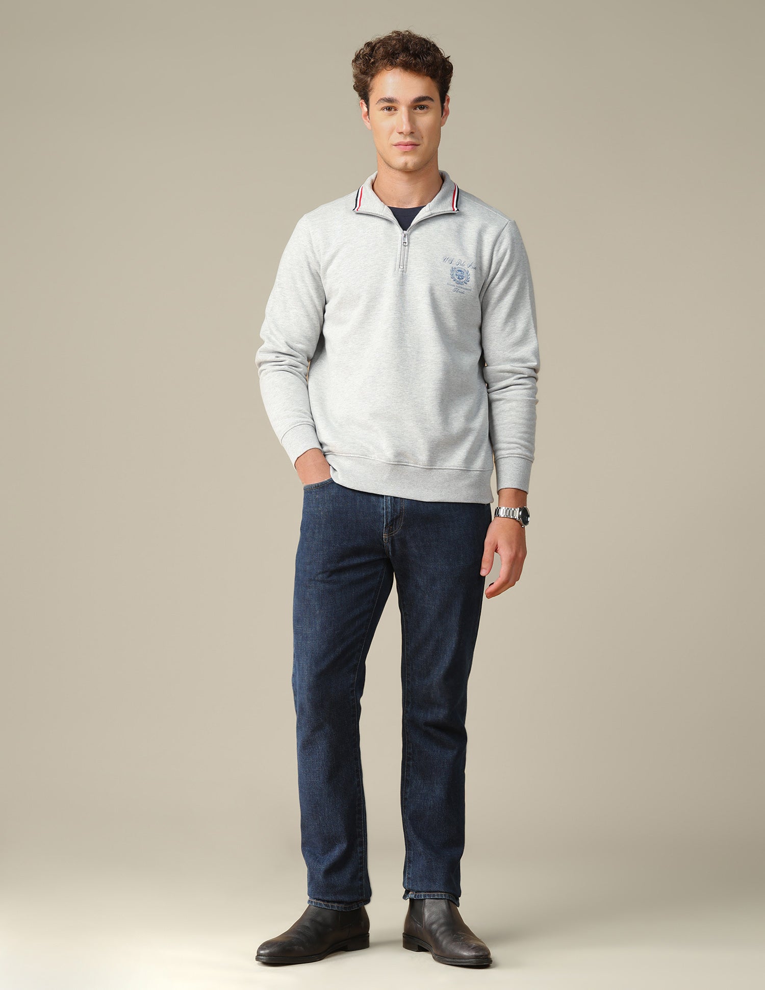 Solid Zipper Sweatshirt Ecru Melange - U.S. Polo Assn. India | Large