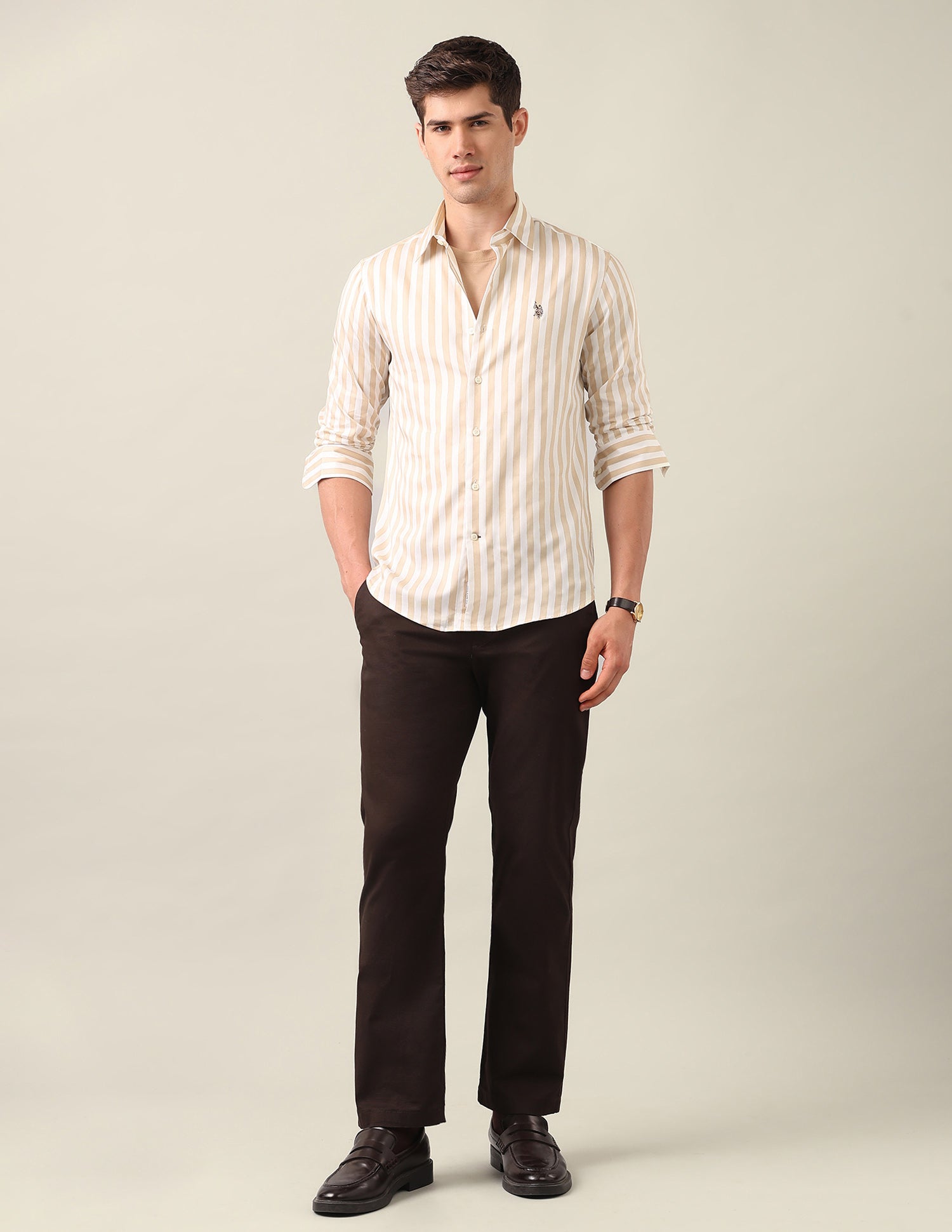 Vertical Striped Satin Shirt Beige - U.S. Polo Assn. India | Large