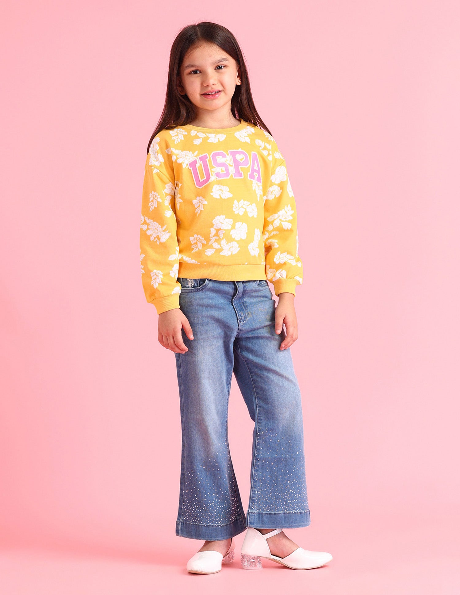 Girls Floral Printed Regular Fit Sweatshirt Yellow - U.S. POLO ASSN. | Large