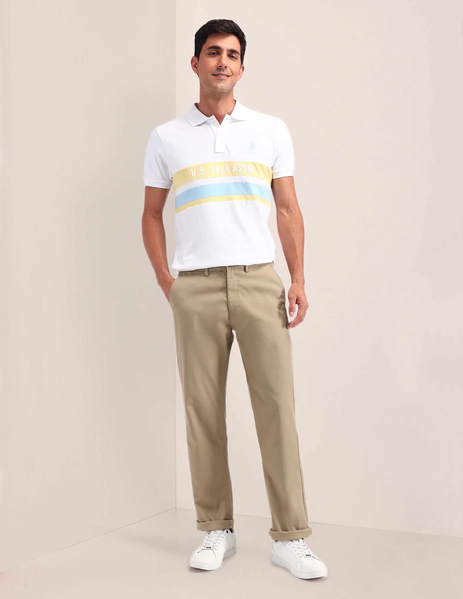 Riley Straight Fit Solid Trousers Khaki - U.S. POLO ASSN. | Large